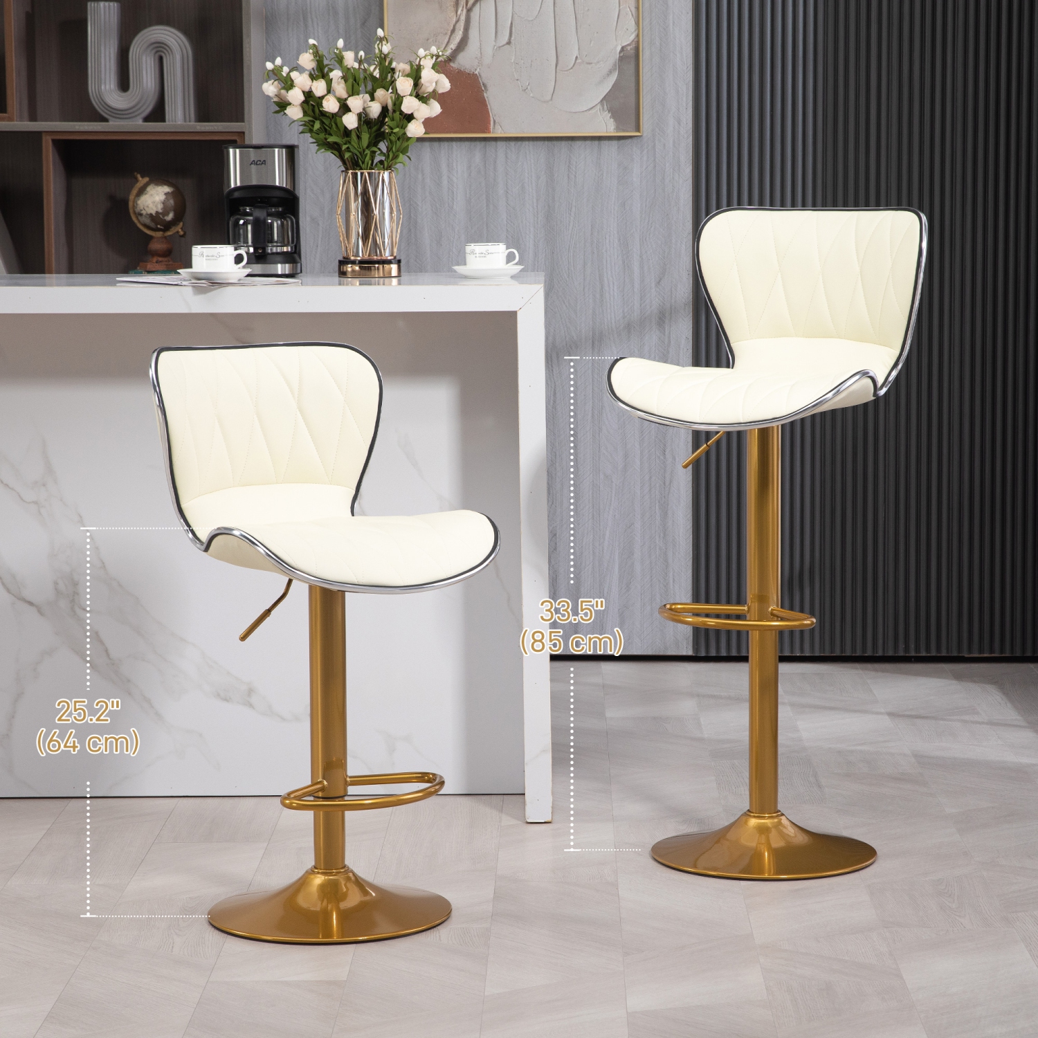 HOMCOM Bar Stools Set of 2, Luxurious Swivel Counter Stools with Adjustable Height, PU Leather Upholstered Counter Height Kitchen Stools with Back,