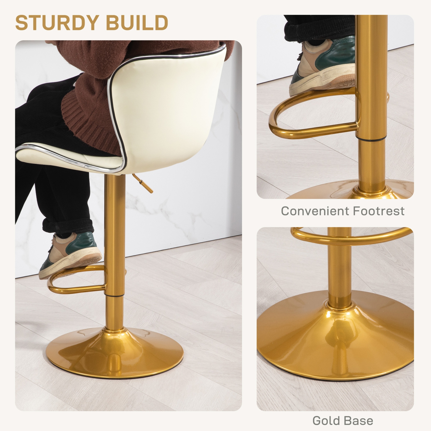 HOMCOM Bar Stools Set of 2, Luxurious Swivel Counter Stools with Adjustable Height, PU Leather Upholstered Counter Height Kitchen Stools with Back,