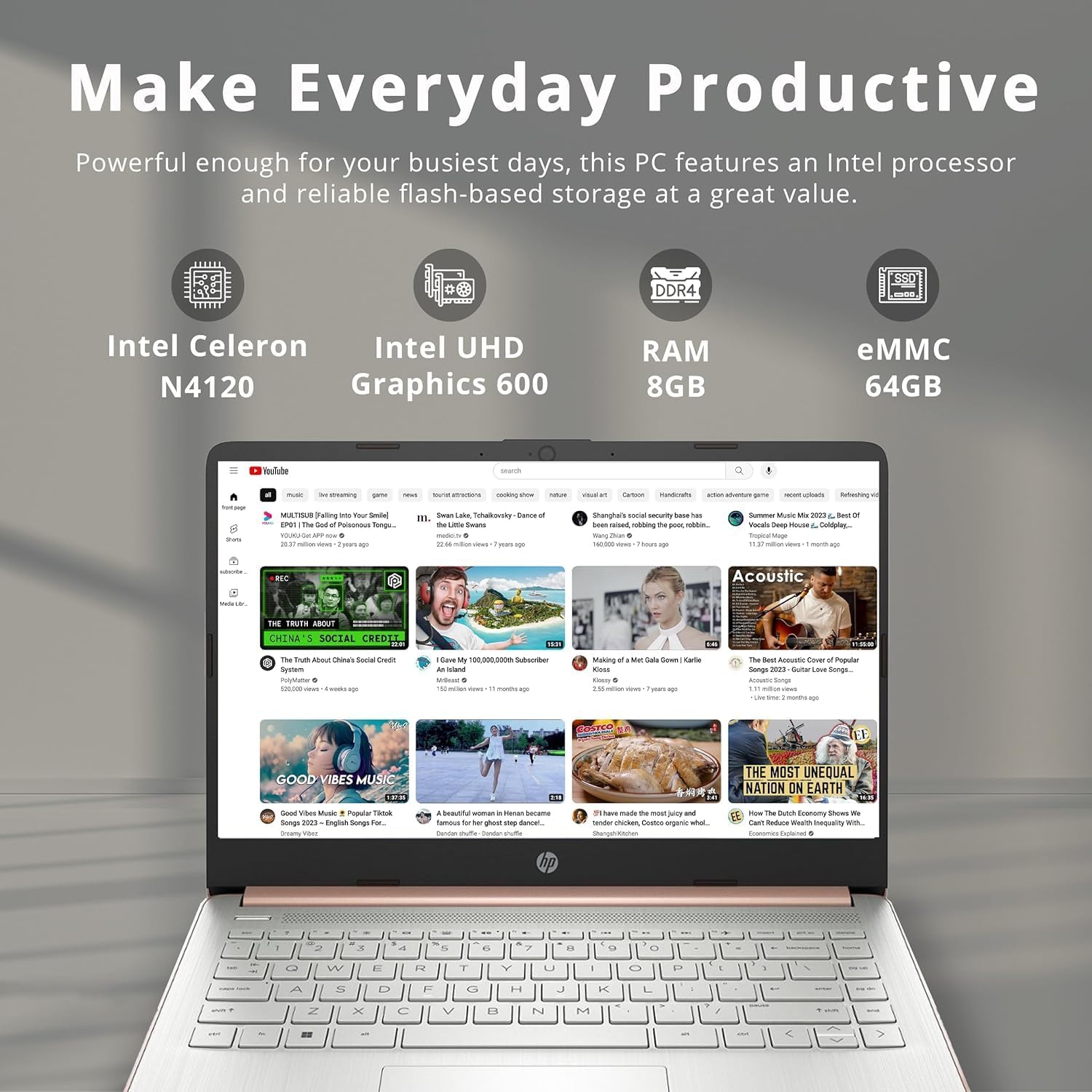 HP Stream 14" HD BrightView Laptop, Intel Celeron N4120, 64GB eMMC, 8GB RAM, Intel HD Graphics, 720p Webcam, 1 Year Office 365, Gold, Win 11, 32GB