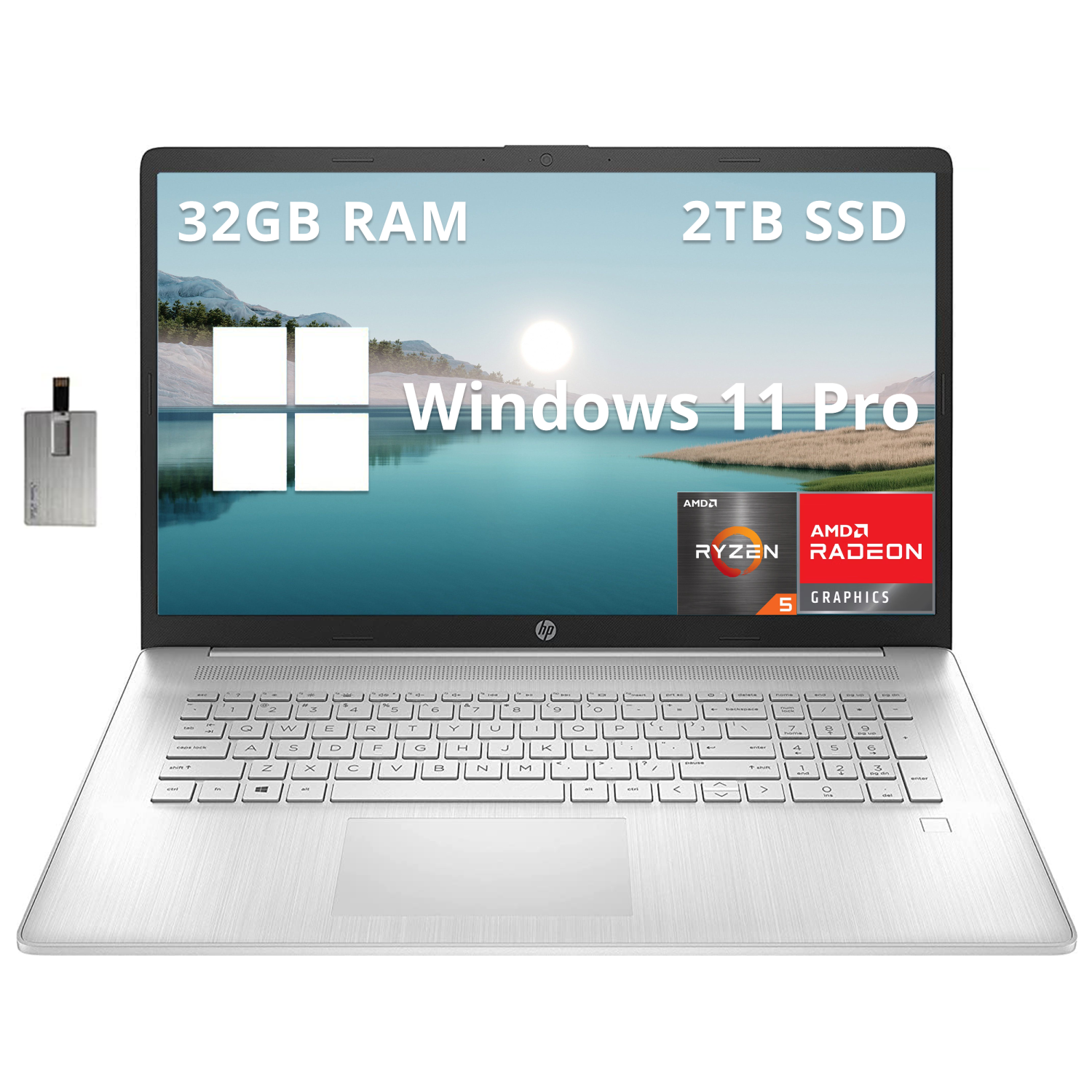 HP 17.3" FHD Laptop, AMD Ryzen 5 5500U, 2TB SSD, 32GB RAM, AMD Radeon Graphics, Fingerprint Reader, Numeric Keyboard, 720p HD Webcam, Windows 11 Pro, Silver, 32GB Hotface USB Card