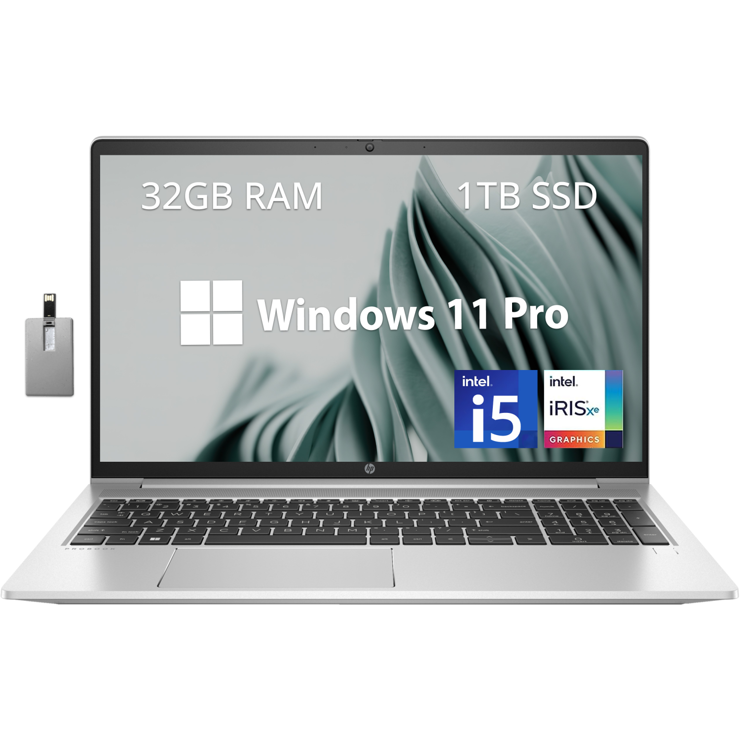 HP ProBook 450 G8 15.6" FHD Laptop, Intel Core i5-1135G7, 1TB PCIe SSD, 32GB RAM, Intel Iris Xe Graphics, Backlit Keyboard, HD Webcam, Win 11 Pro, Silver, 32GB Hotface USB Card