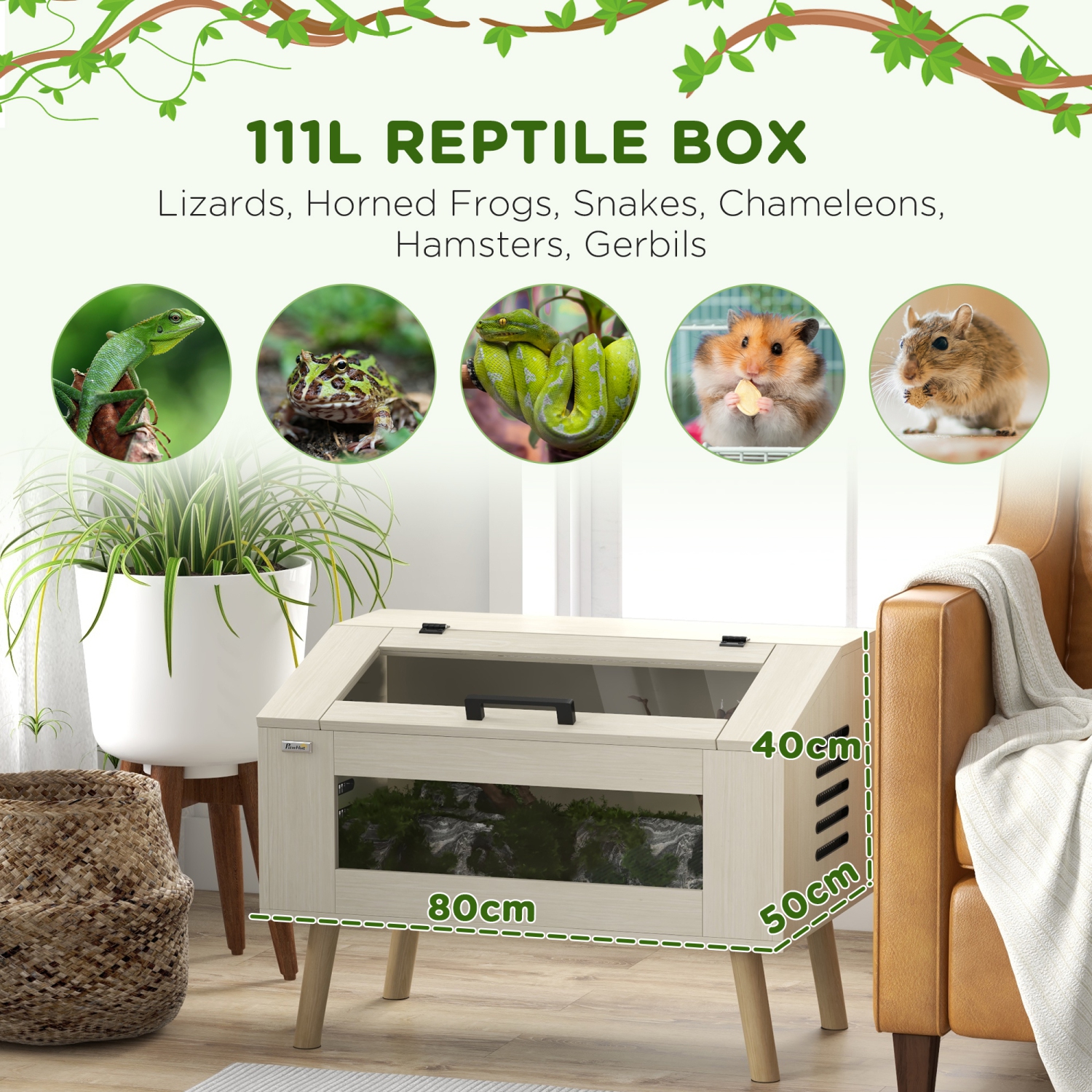 Terrarium de 29 gallons de PawHut pour reptile, 31,5&nbsp;po x 20 x 24&nbsp;po avec ouverture sur le dessus et fenêtres en verre trempé, ventilation,