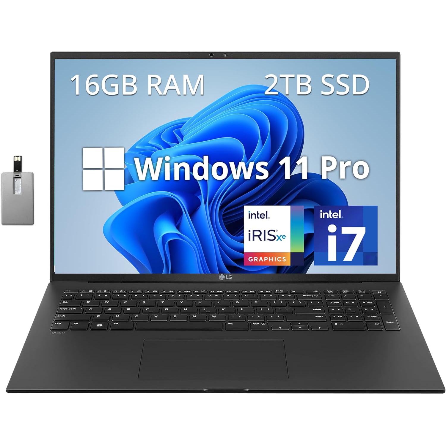 LG Gram 17" WQXGA Lightweight Business Laptop, 13th Gen Intel Core i7-1260P, 2TB PCIe SSD, 16GB LPDDR4X RAM, Intel Iris Xe, Win 11 Pro, Black, 32GB Hotface USB Card