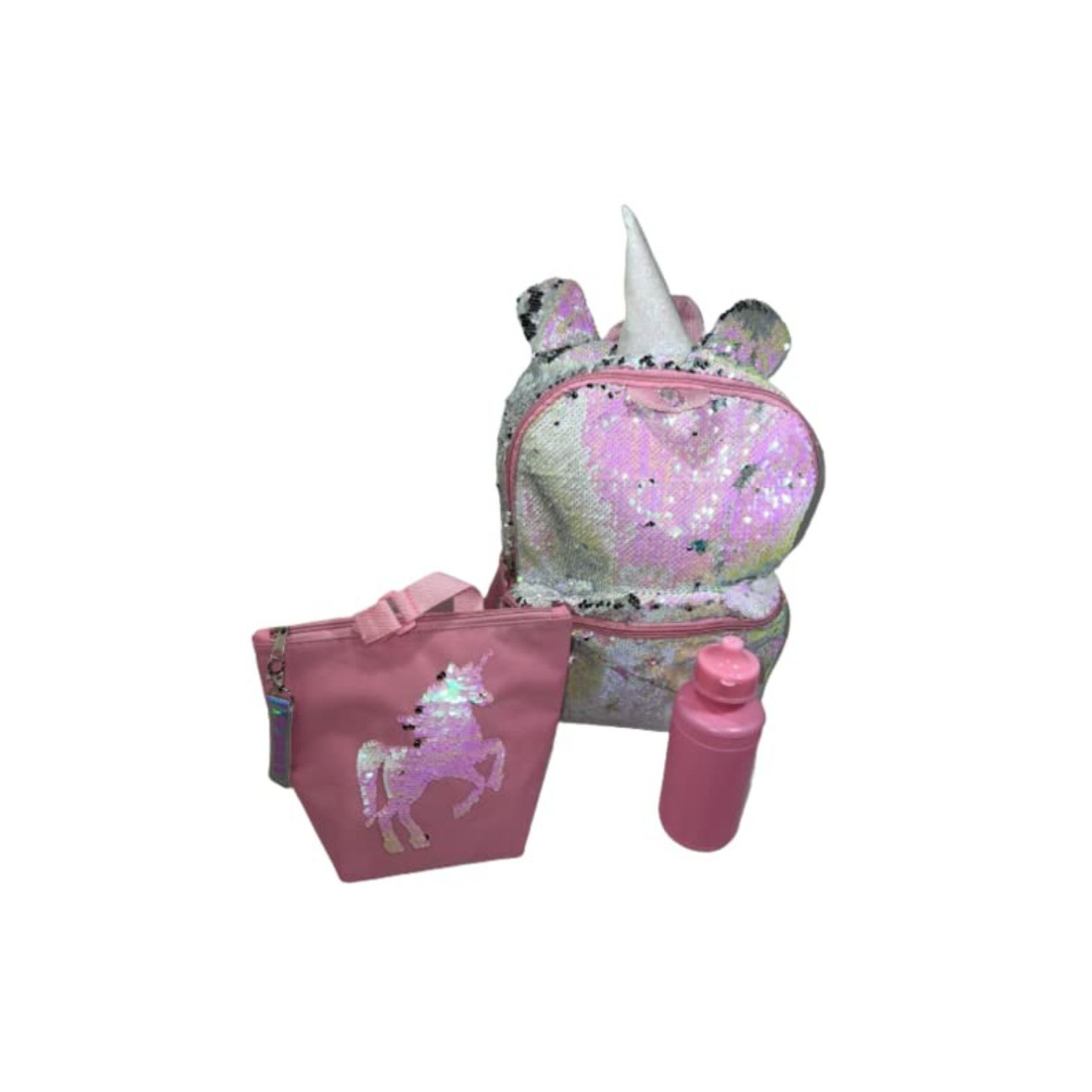 Sapphire Blue 16 Inches Flip It Reversible Sequins - Unicorn Backpack with Lunch Kit Water Bottle and Key Chain (Pink)