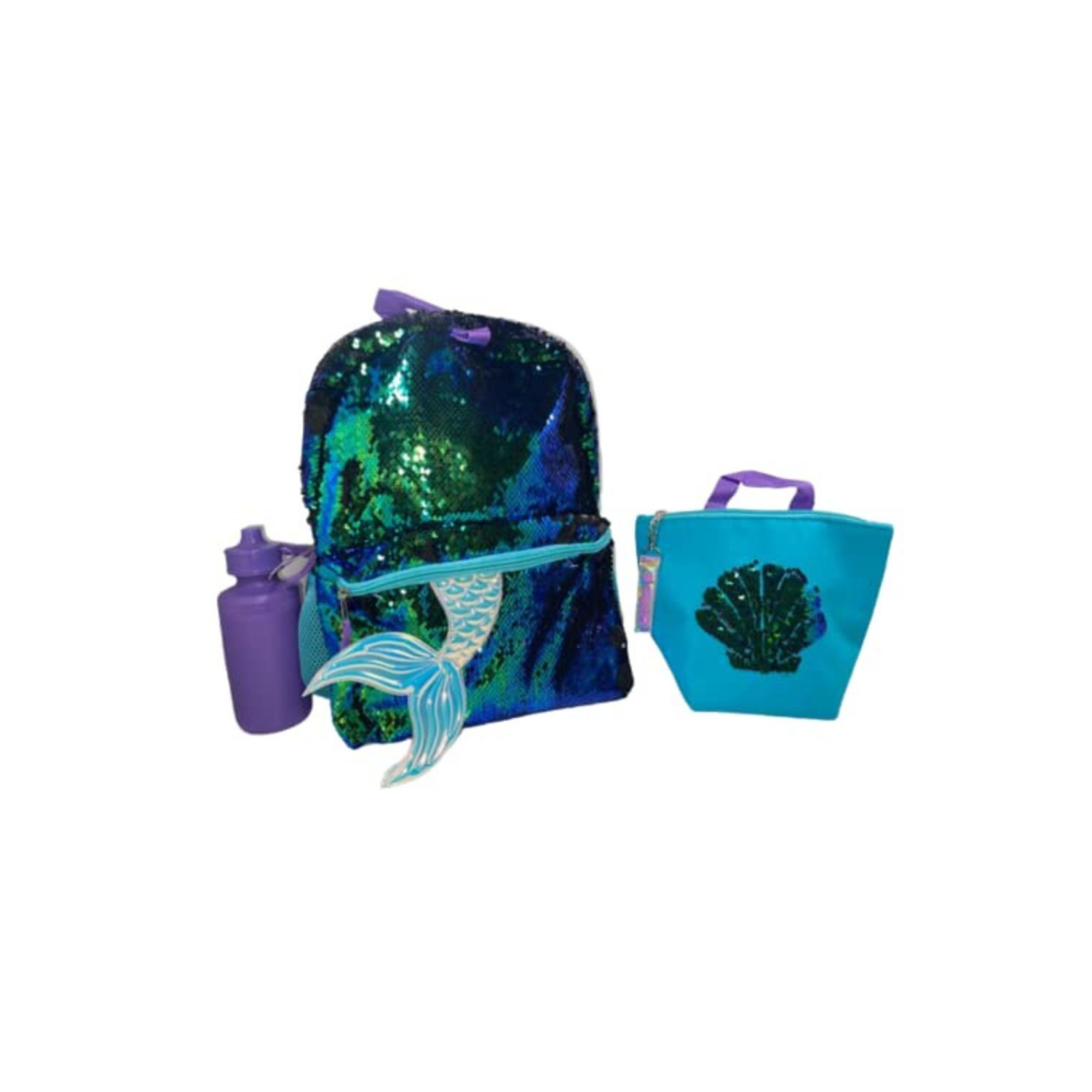 Bioworld Reversible Sequins Mermaid 4 Piece Backpack set for school, travel, camping or outdoor. Includes matching lunch bag and water bottle