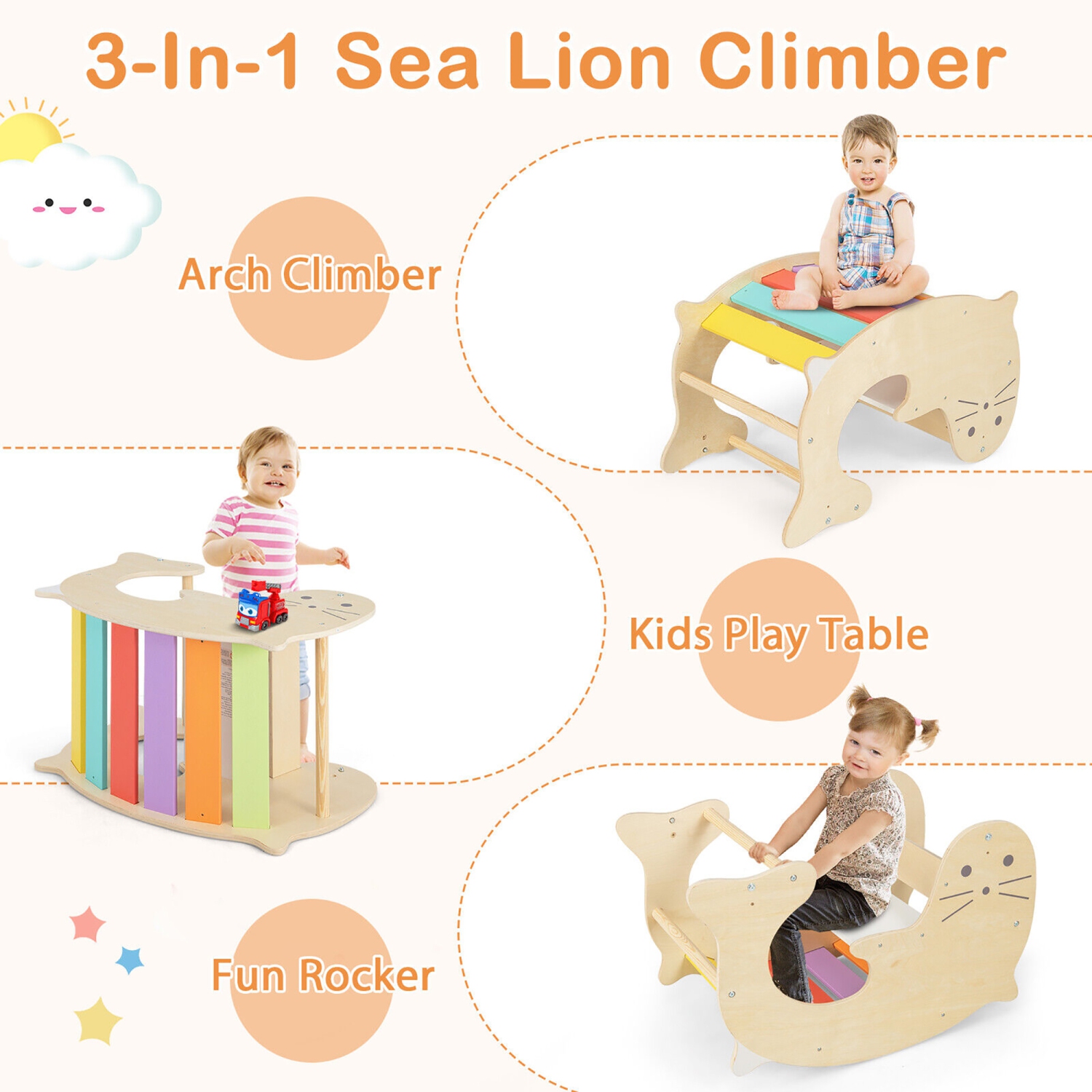 Gymax 7-in-1 Indoor Climbing Toys for Toddlers w/ Reversible Ramp Sea Lion Rocker
