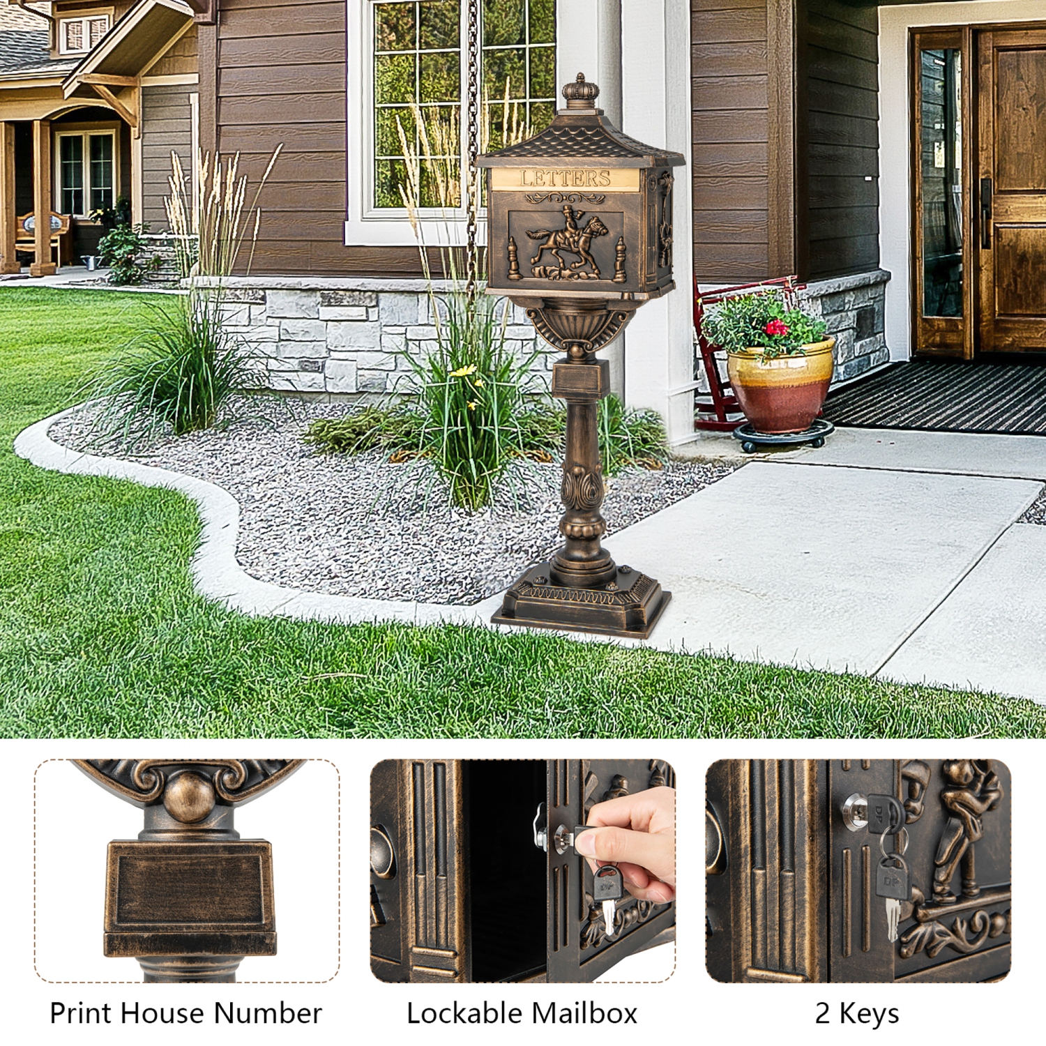 Boîte aux lettres en aluminium moulé de Costway rétro, sécurité verrouillable, boîte postale avec porte à déflecteur