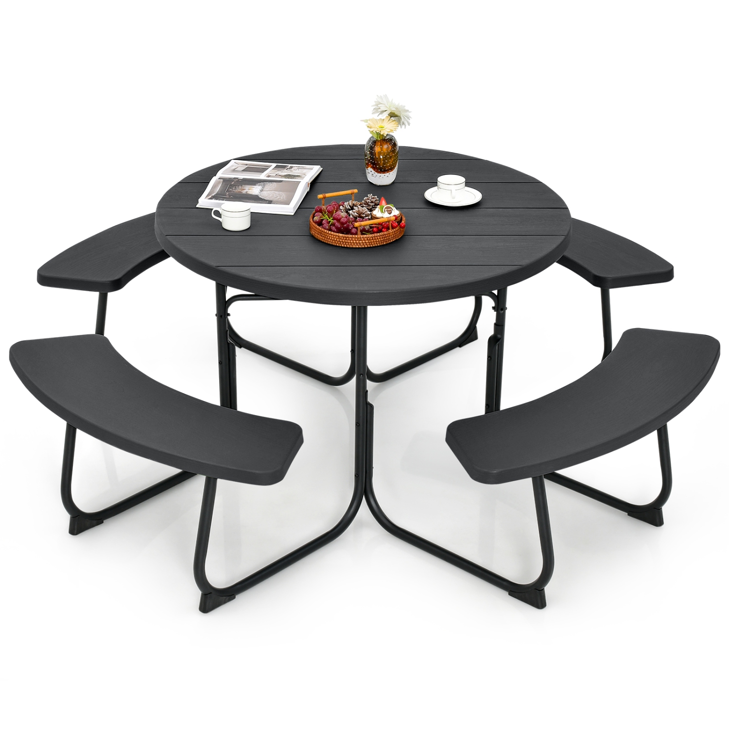 Costway Outdoor 8-person Round Picnic Table Bench Set with 4 Benches & Umbrella Hole