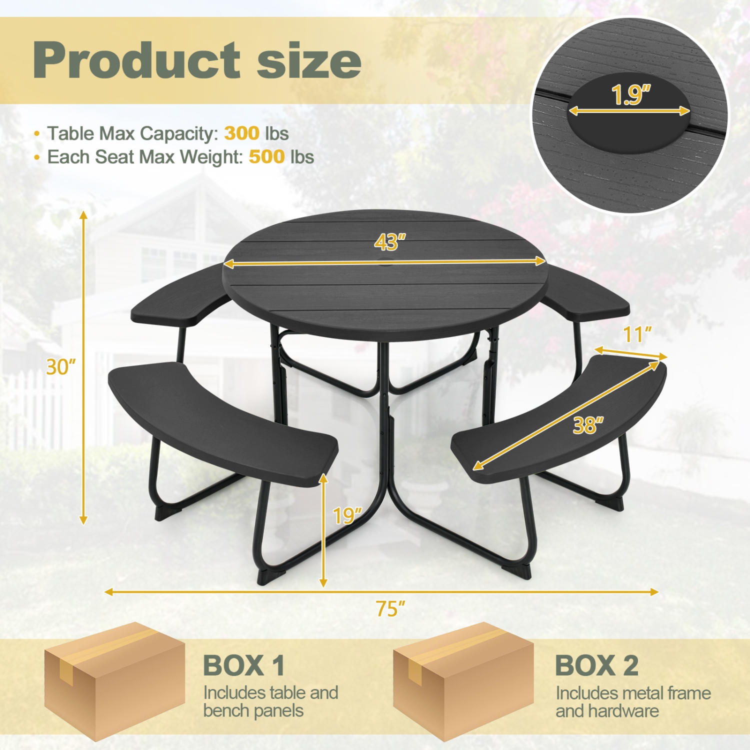 Costway Outdoor 8-person Round Picnic Table Bench Set with 4 Benches & Umbrella Hole