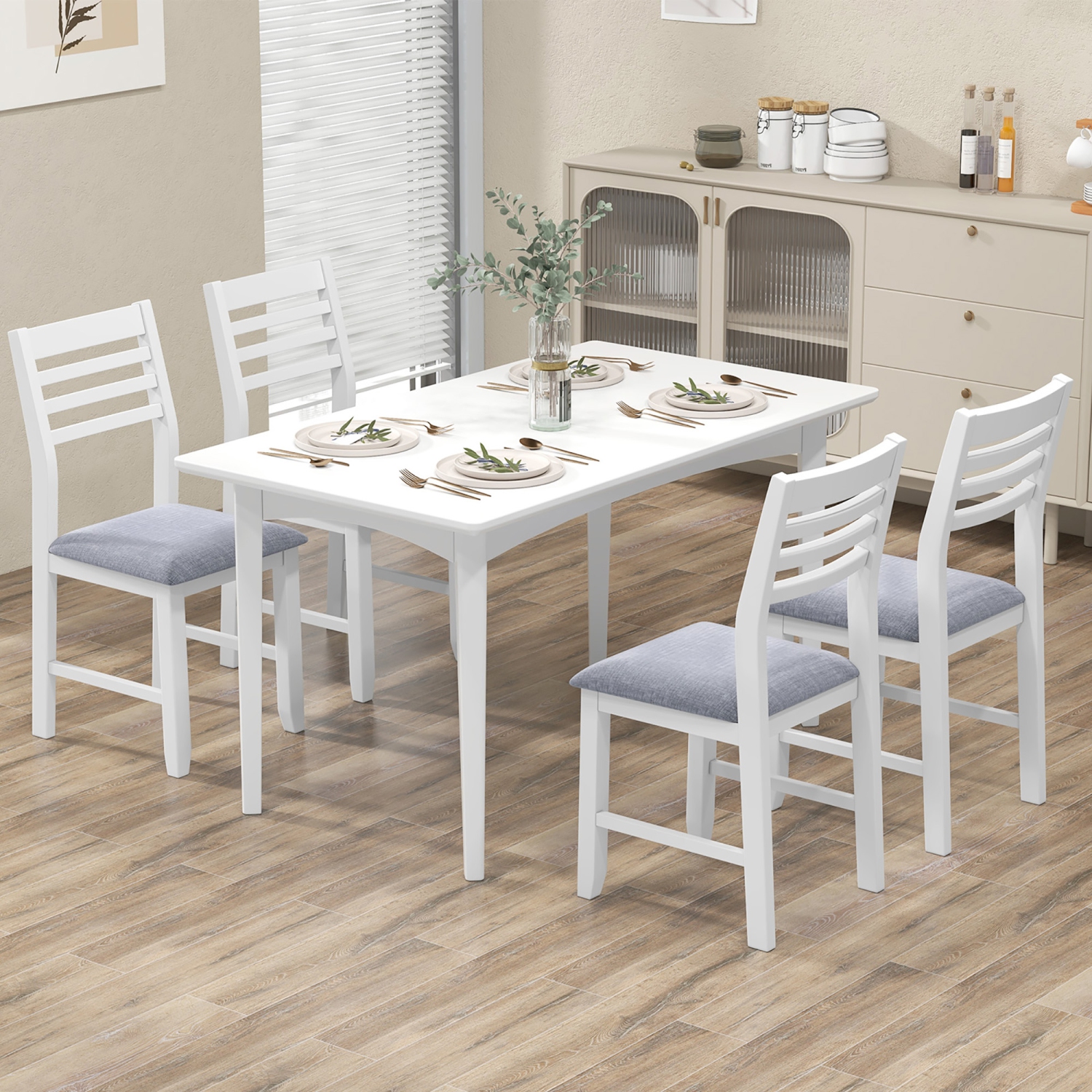 Gymax Wooden Dining Chair Set of 4 Kitchen Side Chairs w/ Rubber Wood Frame Ladder Back White