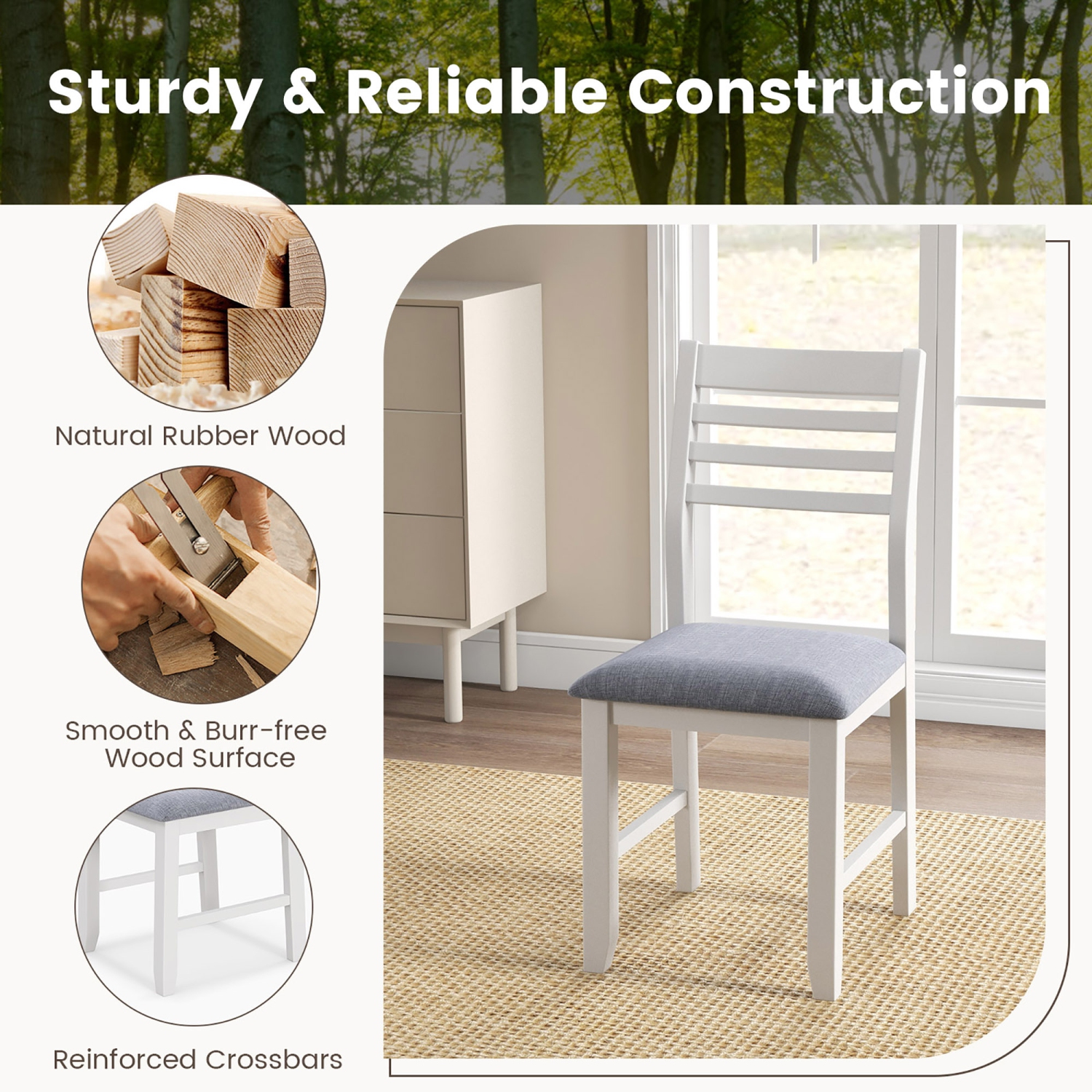 Gymax Wooden Dining Chair Set of 4 Kitchen Side Chairs w/ Rubber Wood Frame Ladder Back White