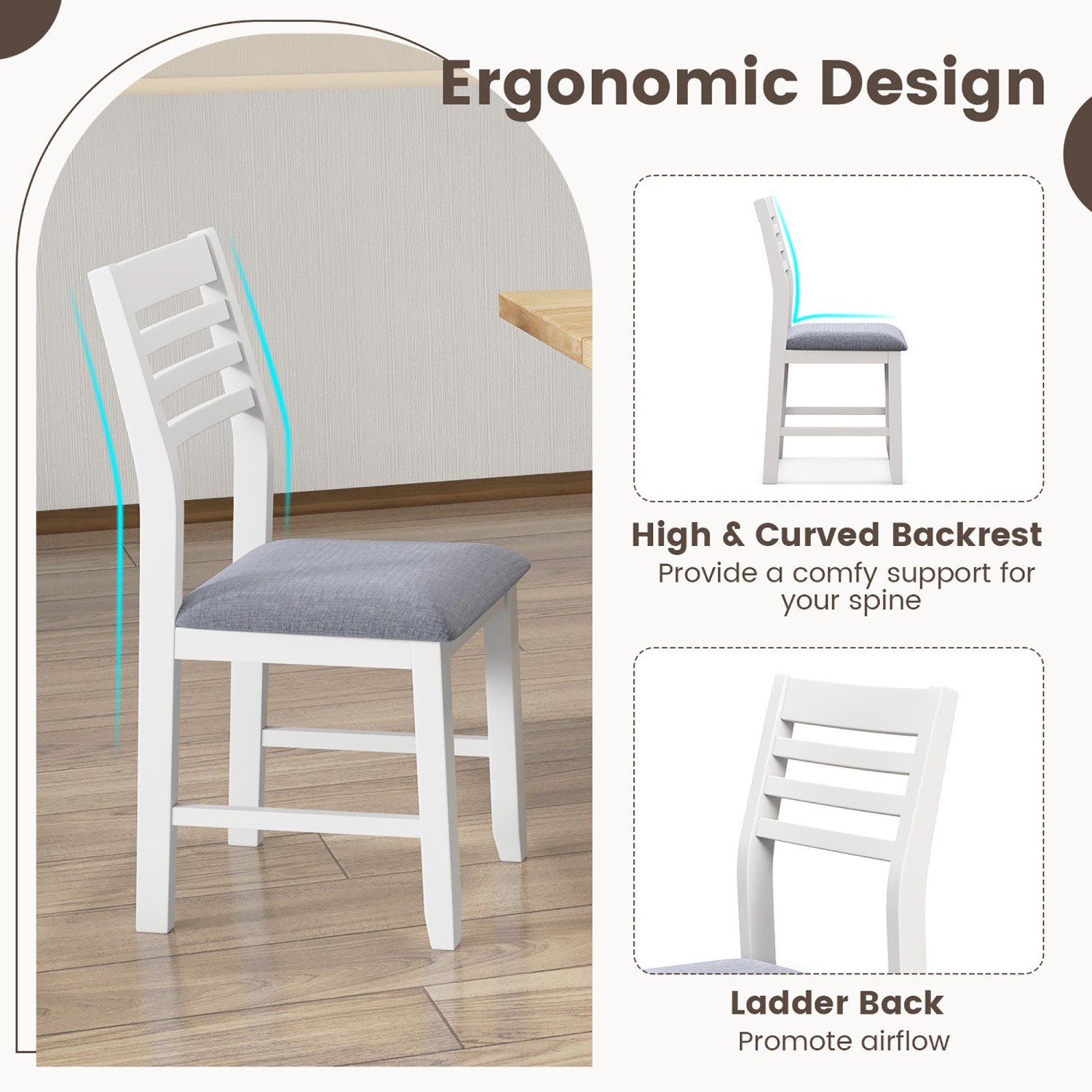 Gymax Wooden Dining Chair Set of 4 Kitchen Side Chairs w/ Rubber Wood Frame Ladder Back White