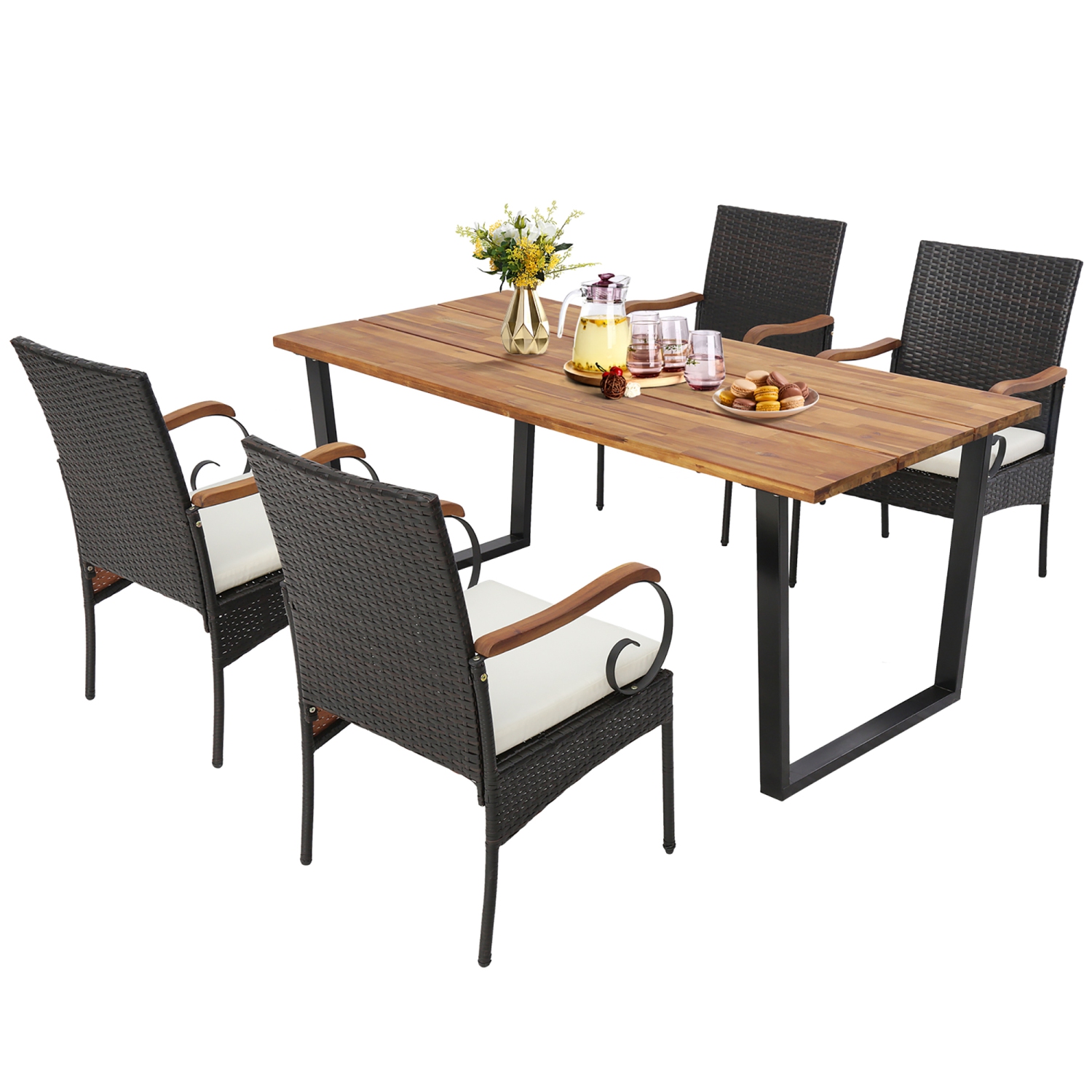 Gymax 5PCS Rattan Dining Set Acacia Wood Table 4 Wicker Chairs w/ Umbrella Hole Patio