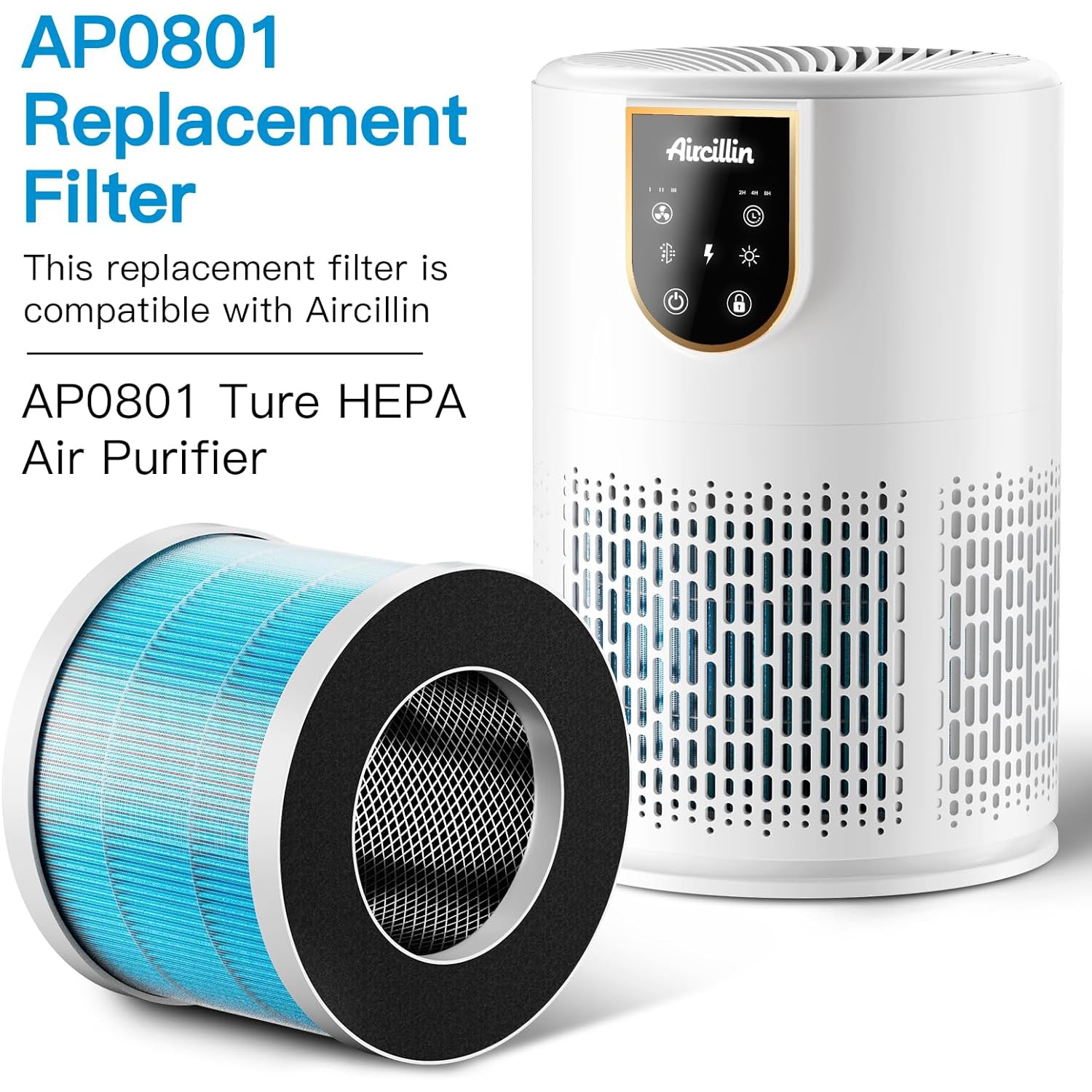 Aircillin Air Purifier AP0801 Replacement Filters 2-Pack, H13 True HEPA Filter, Activated Carbon Filter(AP0801)