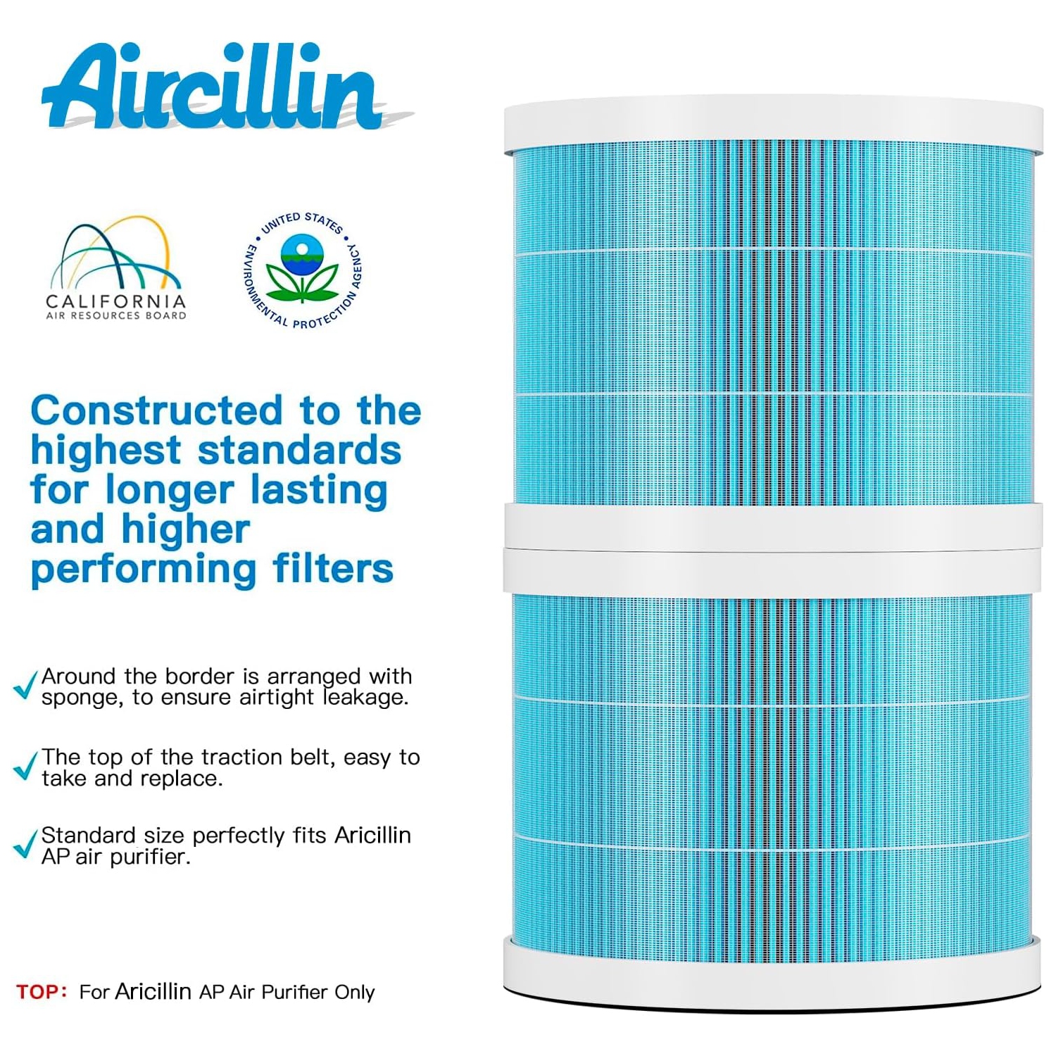 Aircillin Air Purifier AP0801 Replacement Filters 2-Pack, H13 True HEPA Filter, Activated Carbon Filter(AP0801)
