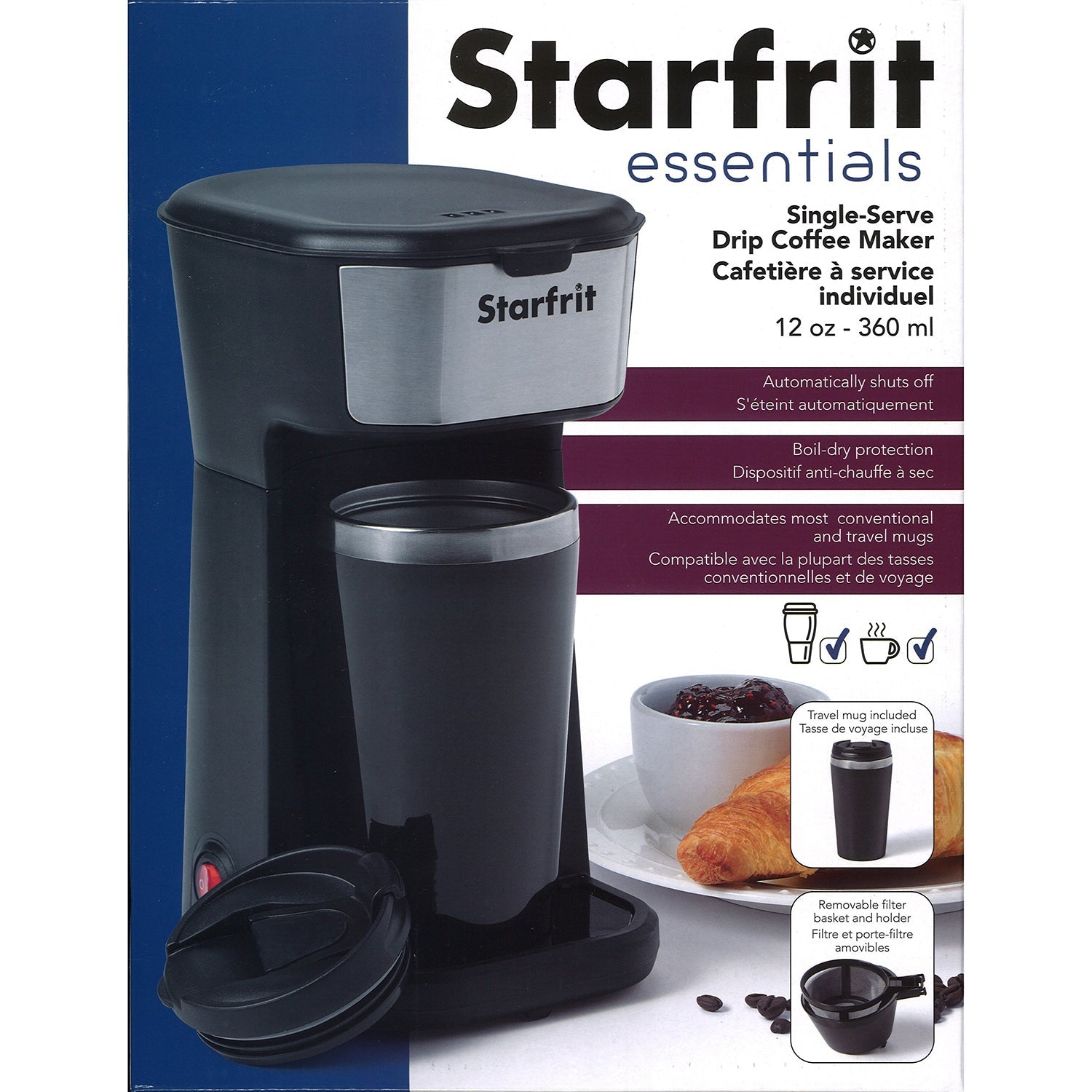 Starfrit – cafetière à une tasse, filtre amovible, tasse de voyage incluse, noir