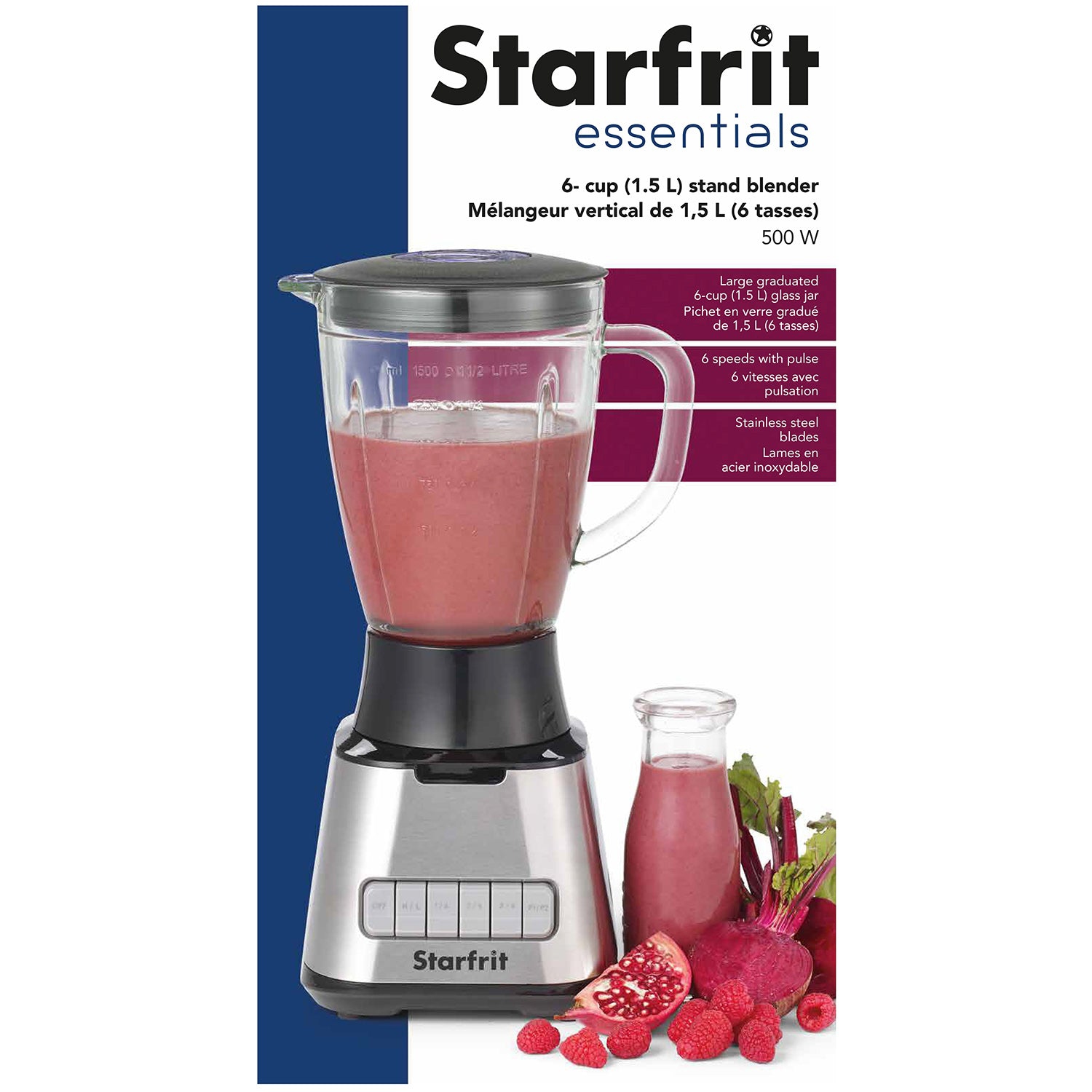 Starfrit - Vertical Blender with Stainless Steel Blades, 1.5 Liter Capacity, 500 Watts