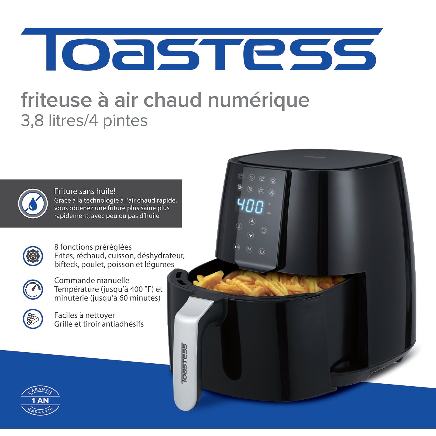 Toastess - Digital Hot Air Fryer, 3.8 Liter Capacity, 8 Preset Functions, Black
