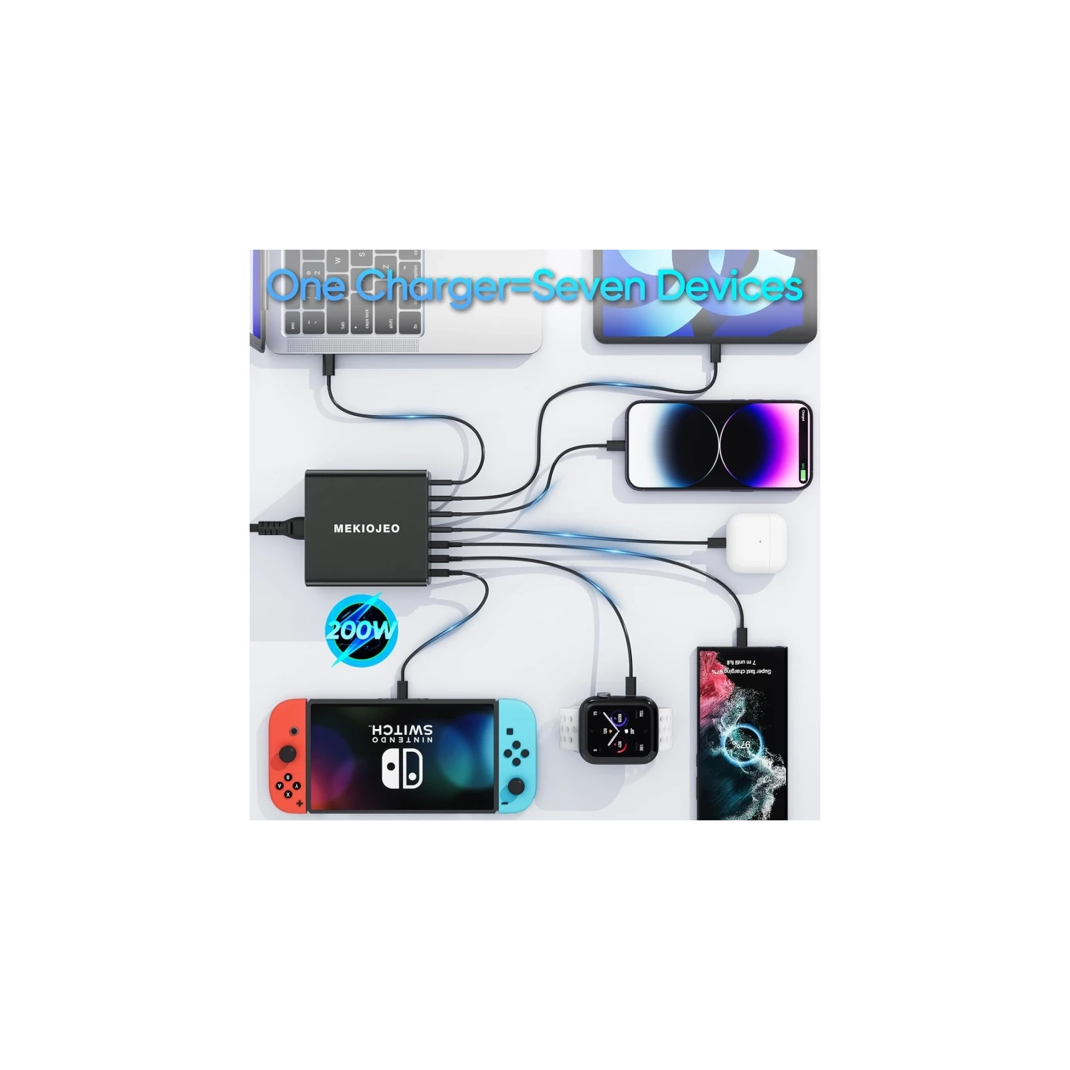 Chargeur USB-C GAN en alliage d'aluminium de 220&nbsp;W | Station de chargement rapide à 7 ports pour MacBook, iPad, iPhone