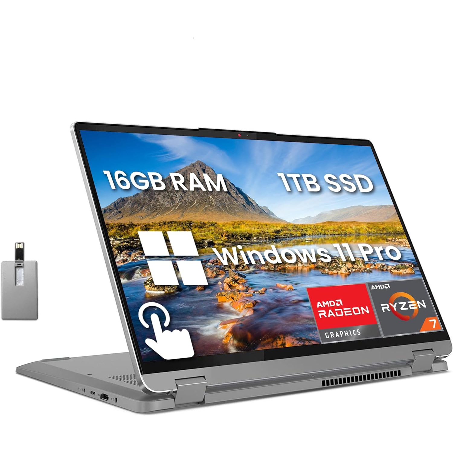 Lenovo IdeaPad Flex 5 2-in-1 Laptop, 16" WUXGA Touchscreen, AMD Ryzen 7 7730U, 1TB SSD, 16GB RAM, AMD Radeon Graphics, Fingerprint Reader, Win 11 Pro, Grey, 32GB Hotface USB Card