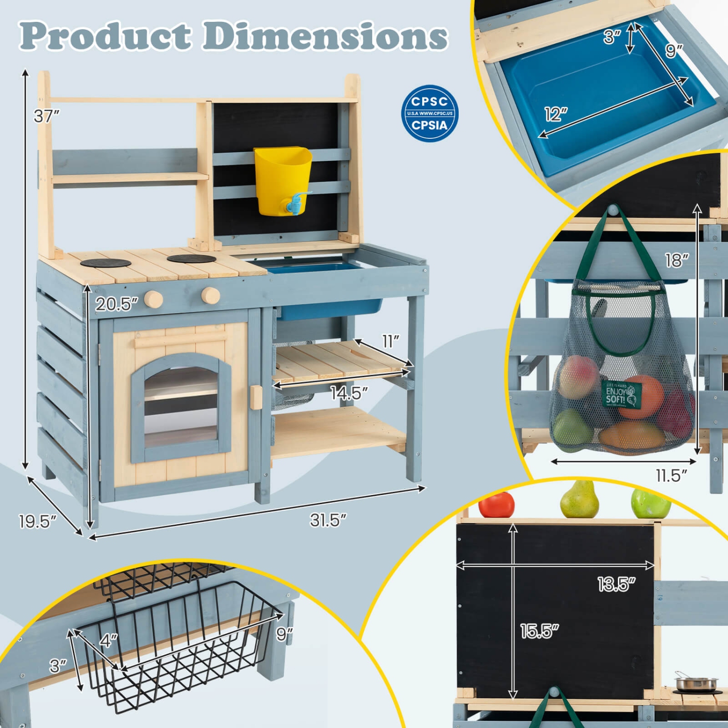 Costway 2-In-1 Outdoor Mud Kitchen with Faucet & Removable Sink Metal Baskets Storage Bag