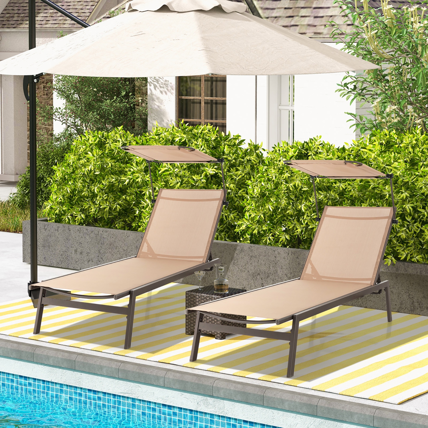 Chaise longue d'extérieur avec inclinaison réglable à 6 niveaux Sunshade Costway 2 PCS