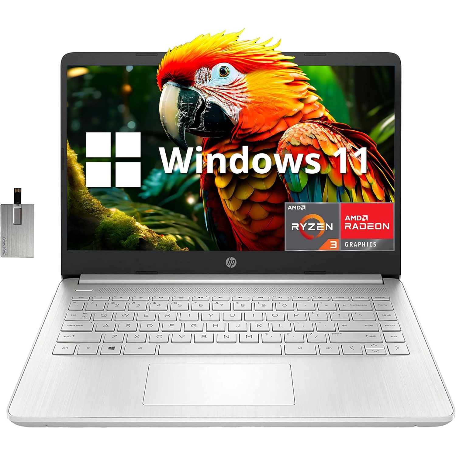 HP 14" FHD IPS Display Laptop, AMD Ryzen 3-3250U, 1TB PCIe SSD, 32GB RAM, AMD Radeon Graphics, HP True Vision HD Camera, Wi-Fi 5, Win 11, Silver, 32GB Hotface USB Card