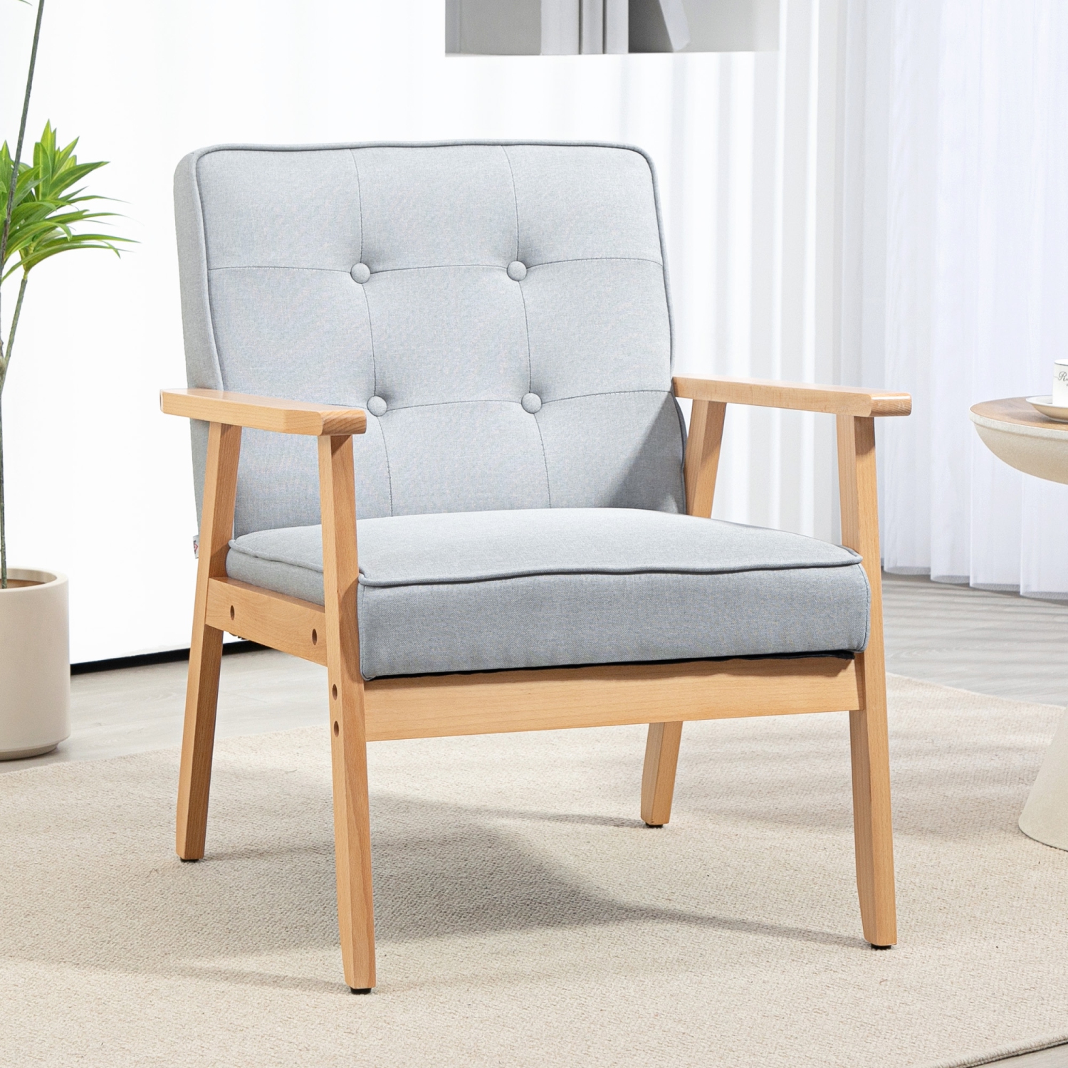 HOMCOM – Fauteuil d’appoint en tissu, fauteuil capitonné, chaise de salon moderne avec pattes en bois et rembourrage épais pour chambre, gris clair