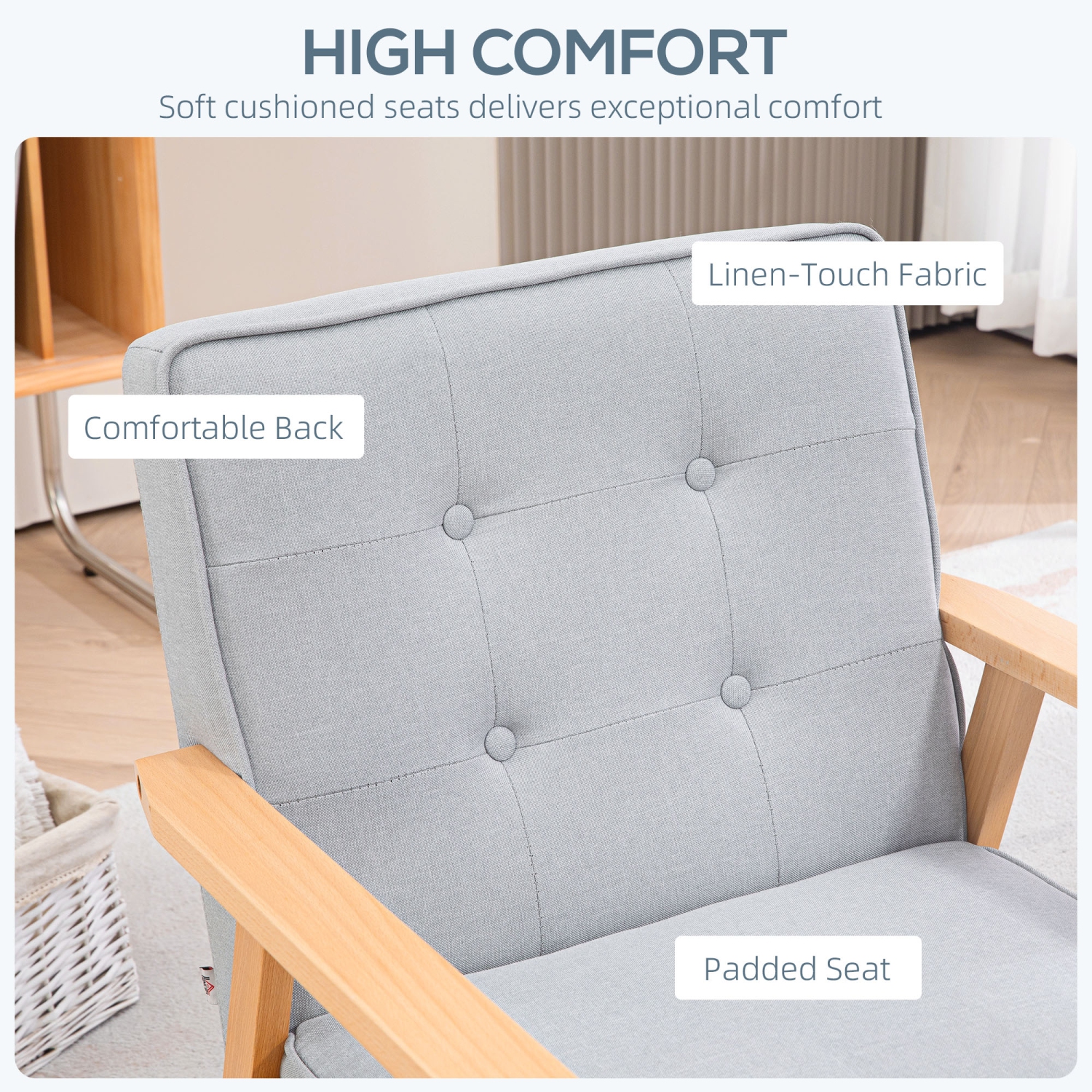 HOMCOM – Fauteuil d’appoint en tissu, fauteuil capitonné, chaise de salon moderne avec pattes en bois et rembourrage épais pour chambre, gris clair