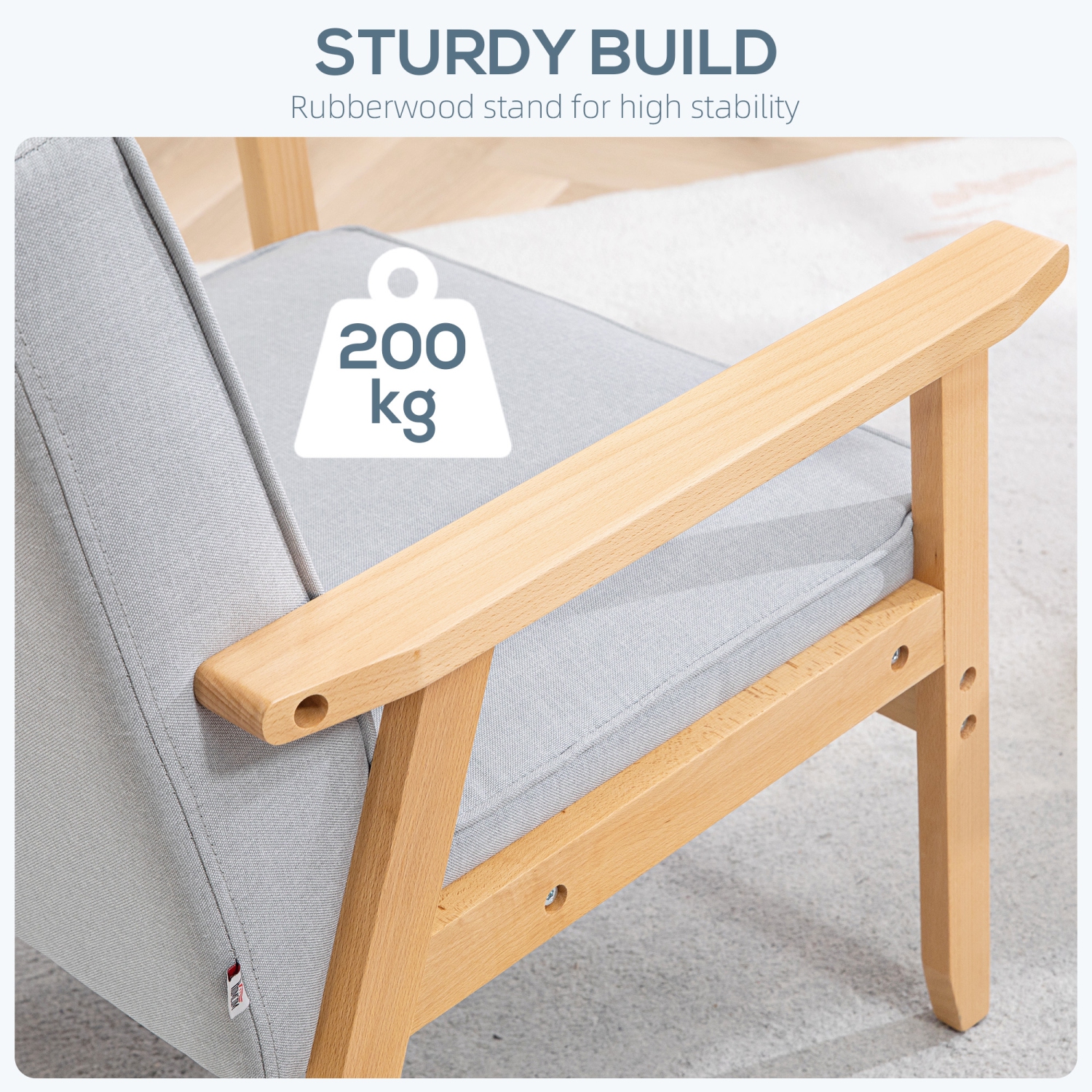 HOMCOM – Fauteuil d’appoint en tissu, fauteuil capitonné, chaise de salon moderne avec pattes en bois et rembourrage épais pour chambre, gris clair
