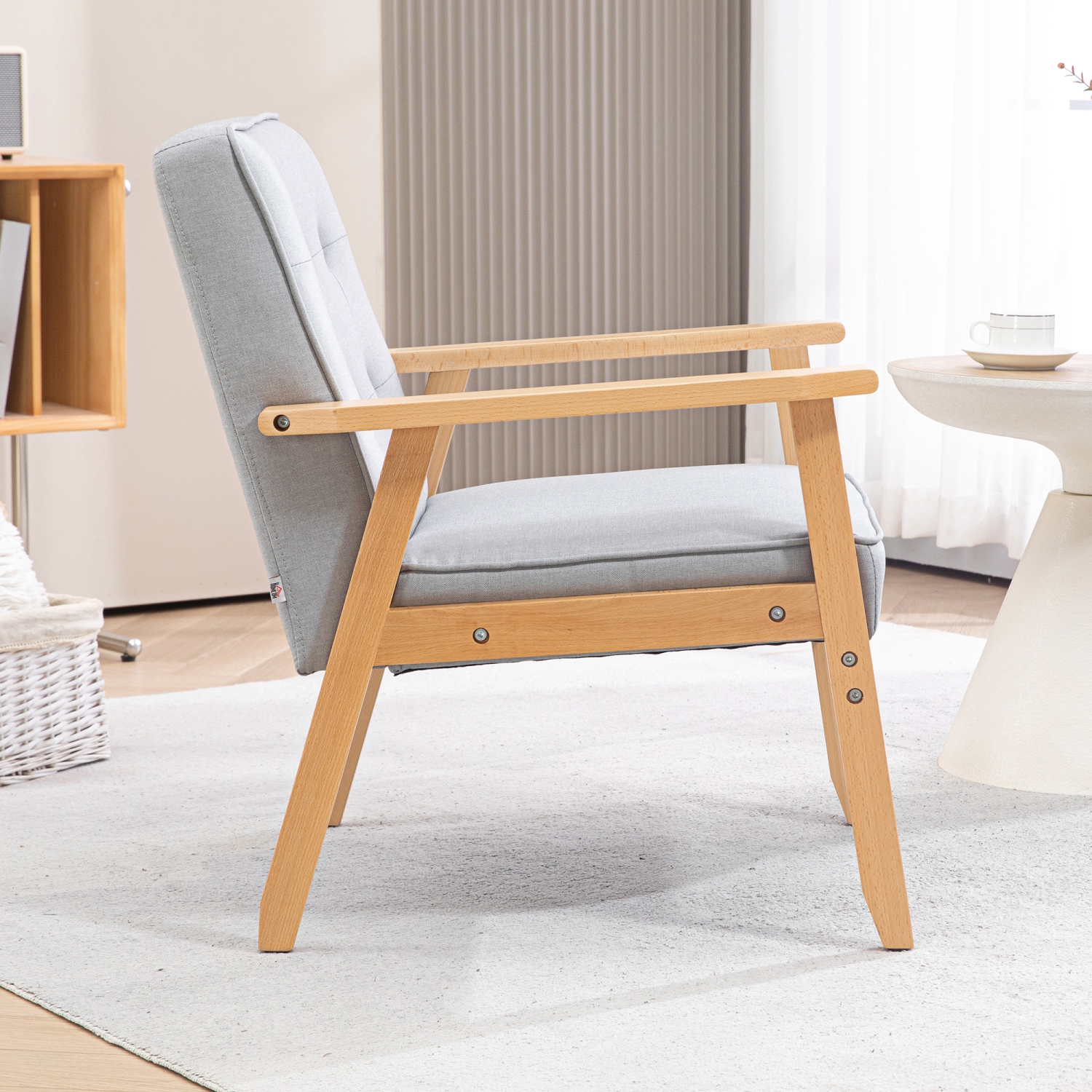 HOMCOM – Fauteuil d’appoint en tissu, fauteuil capitonné, chaise de salon moderne avec pattes en bois et rembourrage épais pour chambre, gris clair