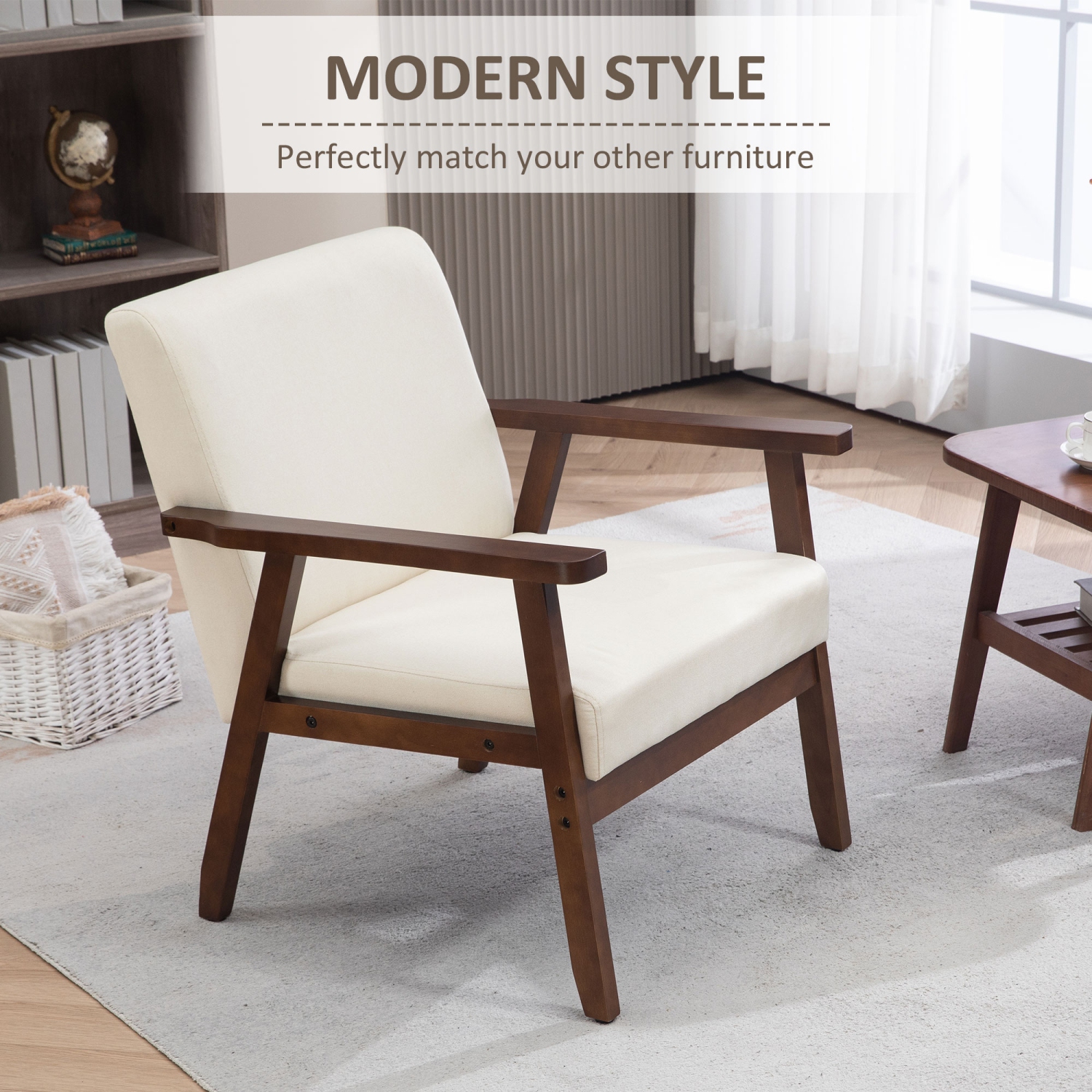 HOMCOM Modern Accent Chairs with Cushioned Seat, Upholstered Linen-Feel Armchair for Bedroom, Living Room Chair with Arms and Wood Legs, Cream White