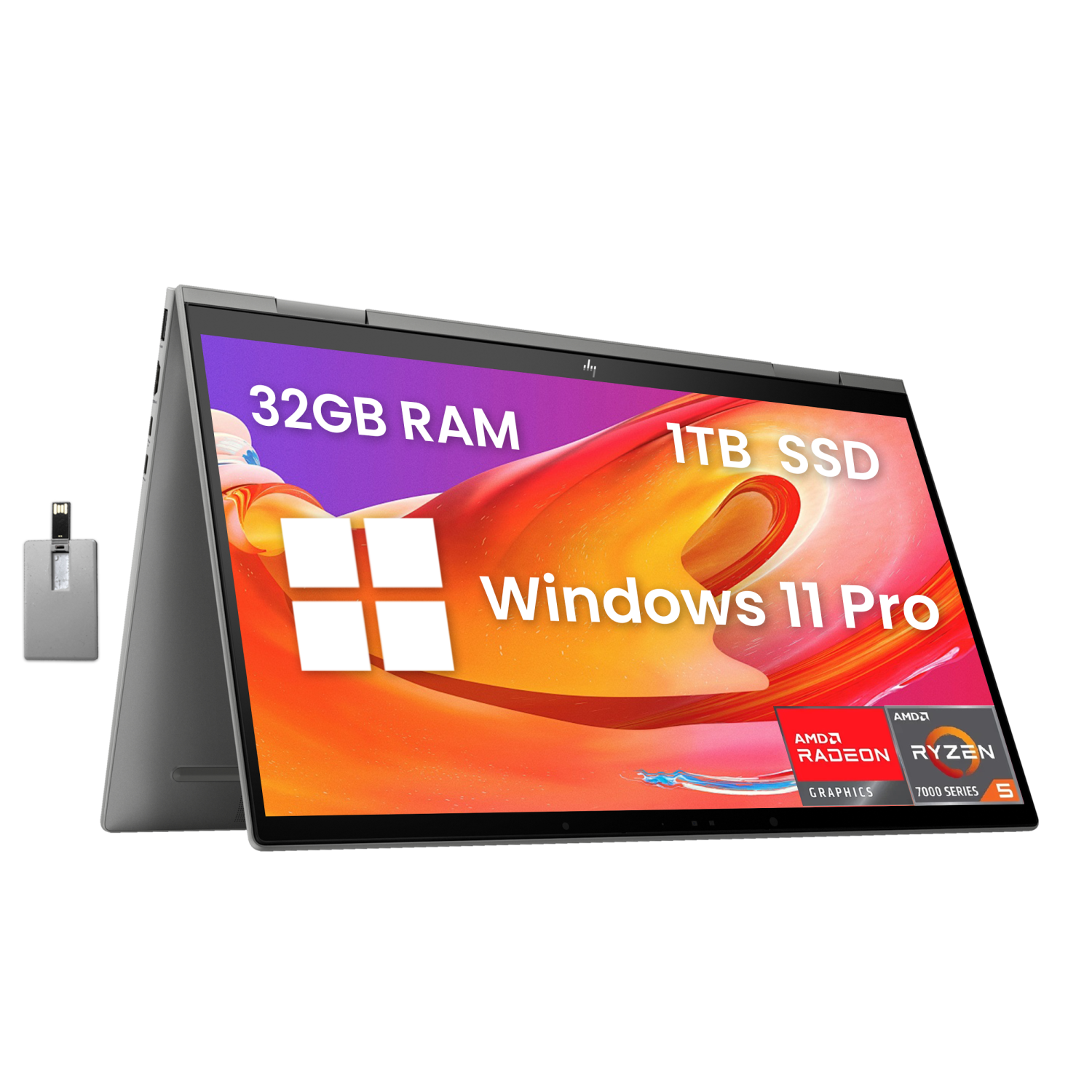 HP Envy x360 2-in-1 15.6" FHD Touchscreen Laptop, AMD Ryzen 5 7530U, 1TB PCIe SSD, 32GB RAM, Backlit Keyboard, 5MP IR Cam, Wi-Fi 6E, Win 11 Pro, Sliver, 32GB Hotface USB Card