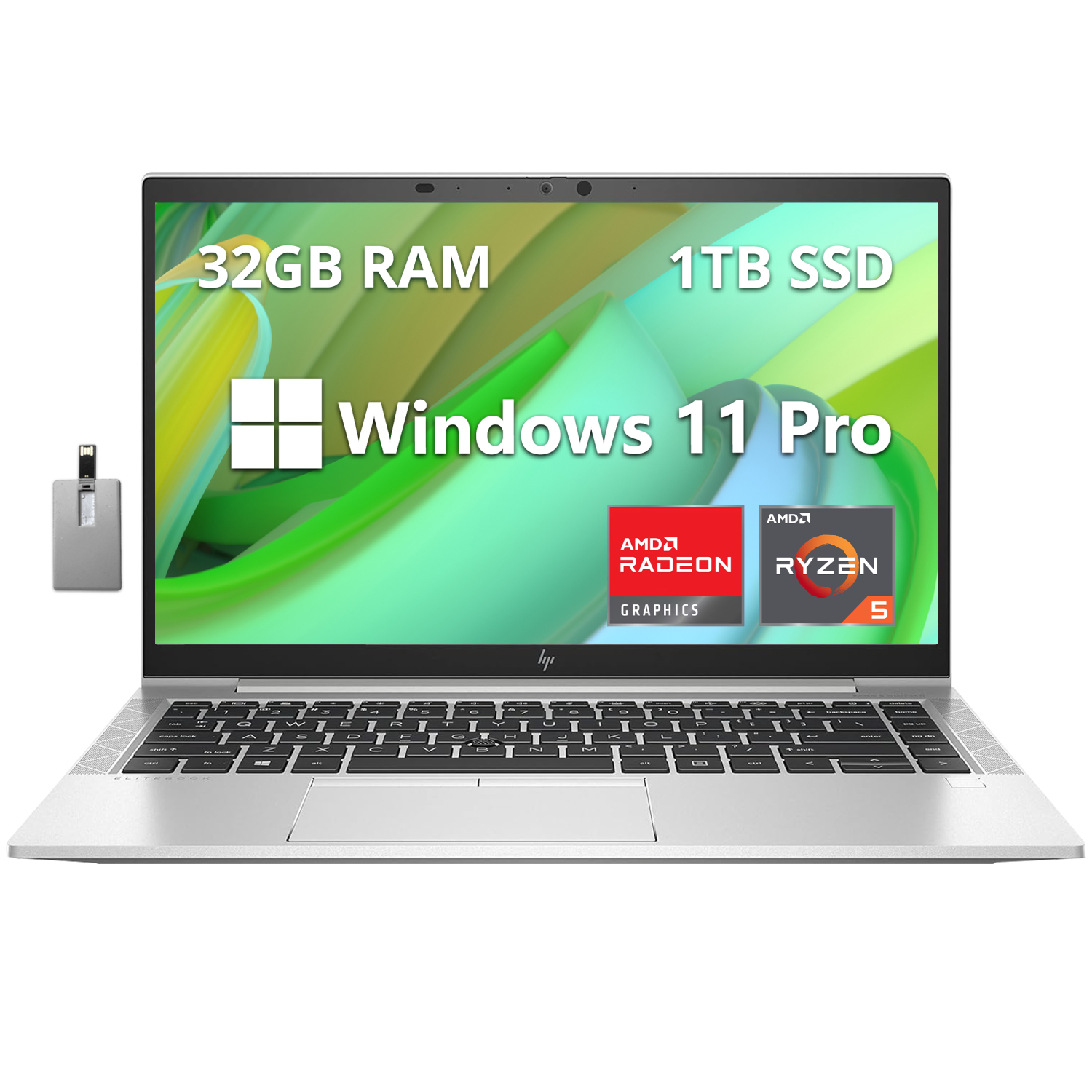 HP EliteBook 845 G8 14" FHD Business Laptop, AMD Ryzen 5 PRO 5650U, 1TB SSD, 32GB RAM, AMD Radeon Graphics, Fingerprint Reader, Win 11 Pro, Silver, 32GB Hotface USB Card