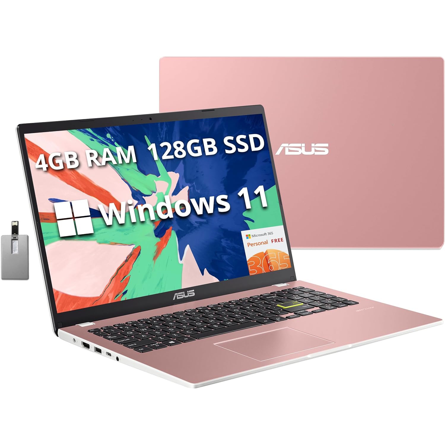 ASUS Vivobook Go 15.6" FHD Laptop, Intel Pentium Silver N6000, 128GB SSD, 4GB RAM, Intel HD Graphics, Webcam, HDMI, 1 Year Office 365, Win 11, Pink, 32GB Hotface USB Card