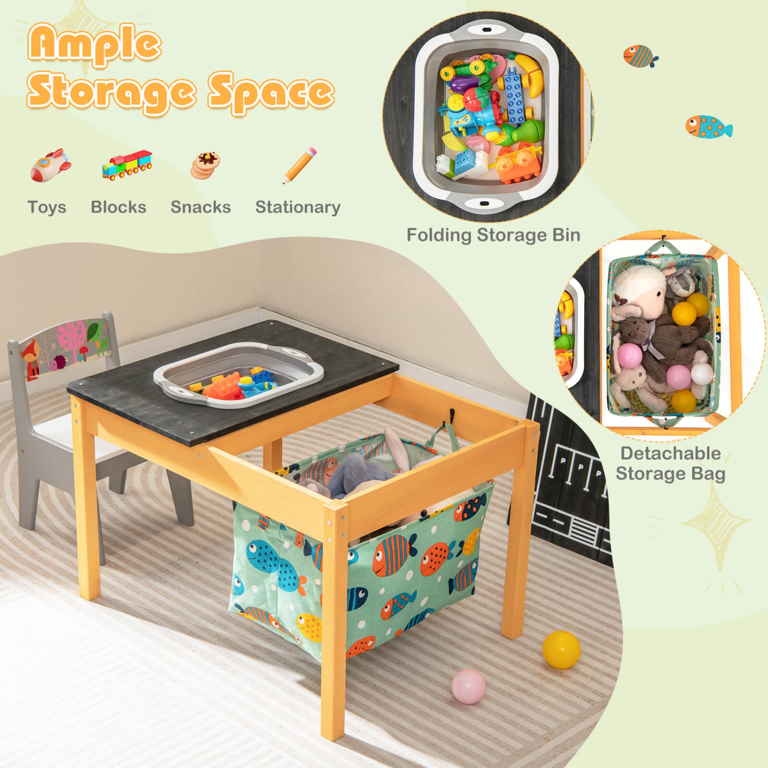 Costway 3-in-1 Kids Activity Table with Foldable Water Bin Large Capacity Storage Bag