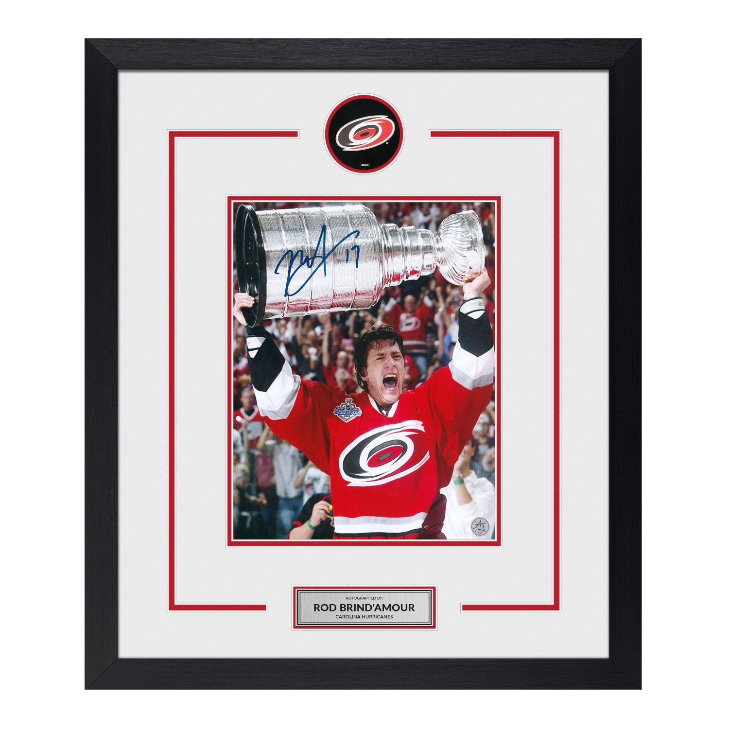Rod Brind'Amour Signed Carolina Hurricanes Cup Champion Puck Logo 23x27 Frame