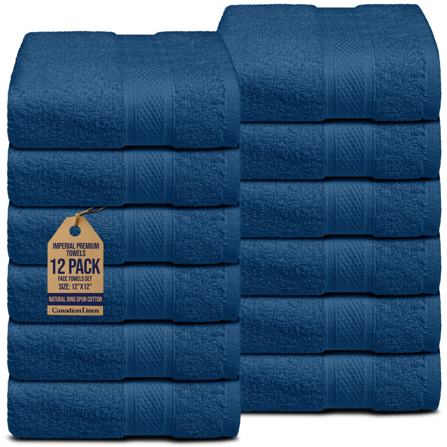 Canadian Linen Imperial Washcloths, 12 Pack, 12”x12”, Lightweight Quick Dry Soft Absorbent Cotton Face Cloths for Home Bathroom, Gyms, Pool, Navy Blue