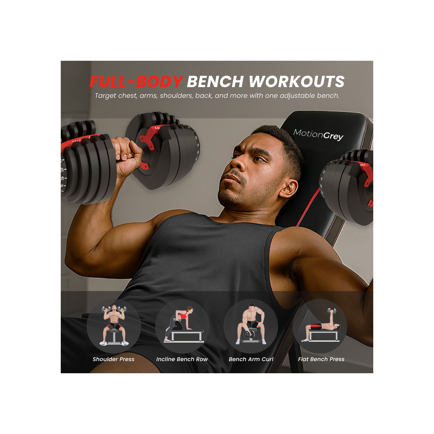 Banc de musculation ajustable et pliable MotionGrey, banc de musculation, banc d'entraînement pliable réglable pour entraînement musculaire complet,