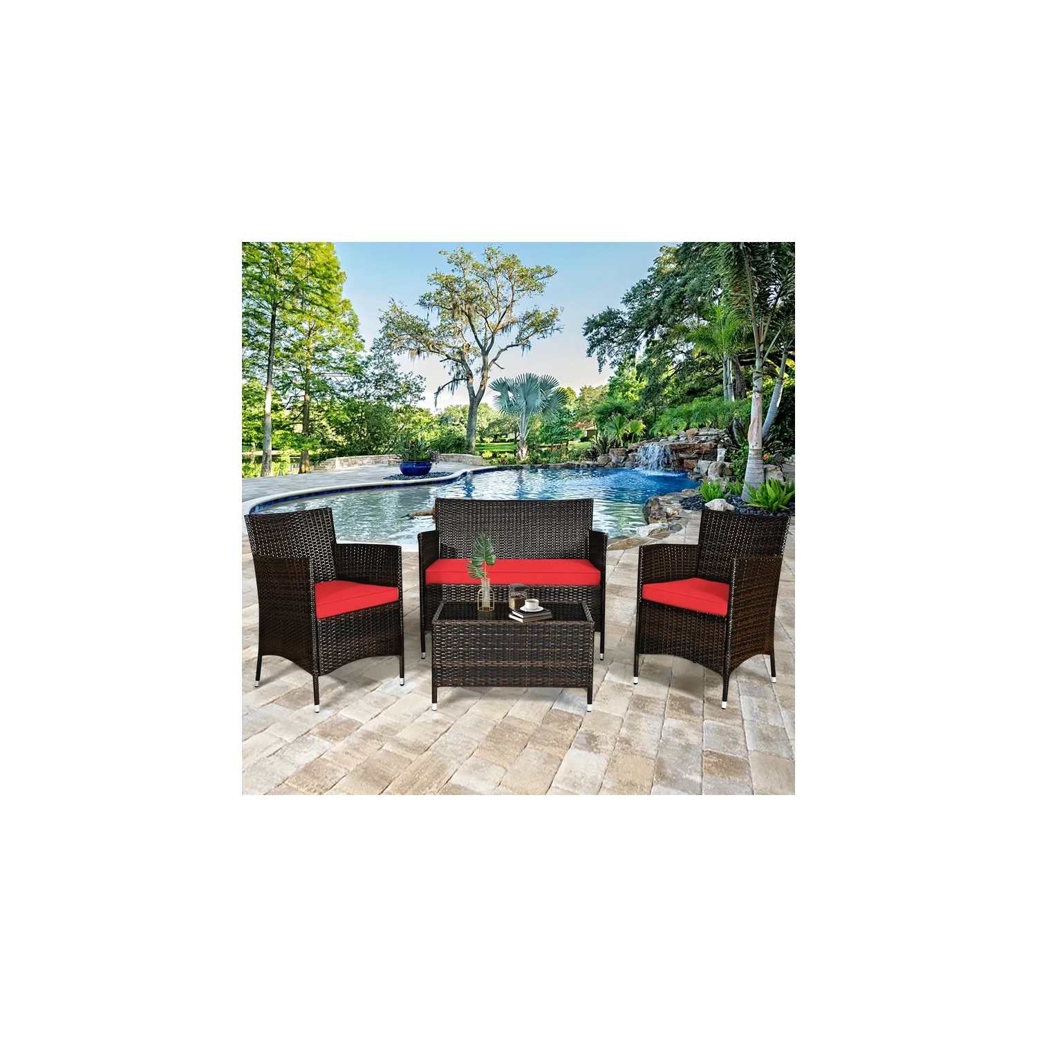 Ensemble de meubles de patio en rotin 4 pièces | canapé d'extérieur et table basse en verre trempé