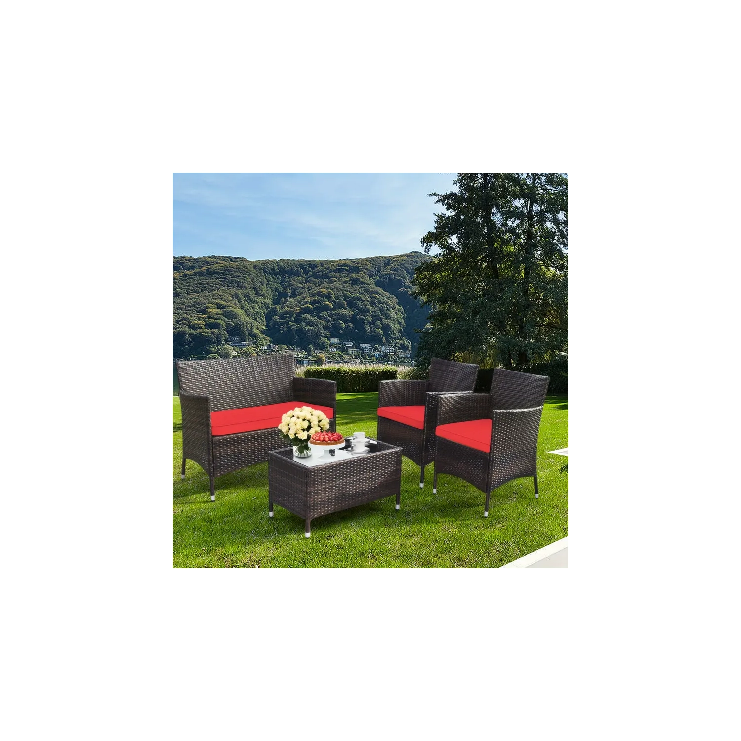 Ensemble de meubles de patio en rotin 4 pièces | canapé d'extérieur et table basse en verre trempé