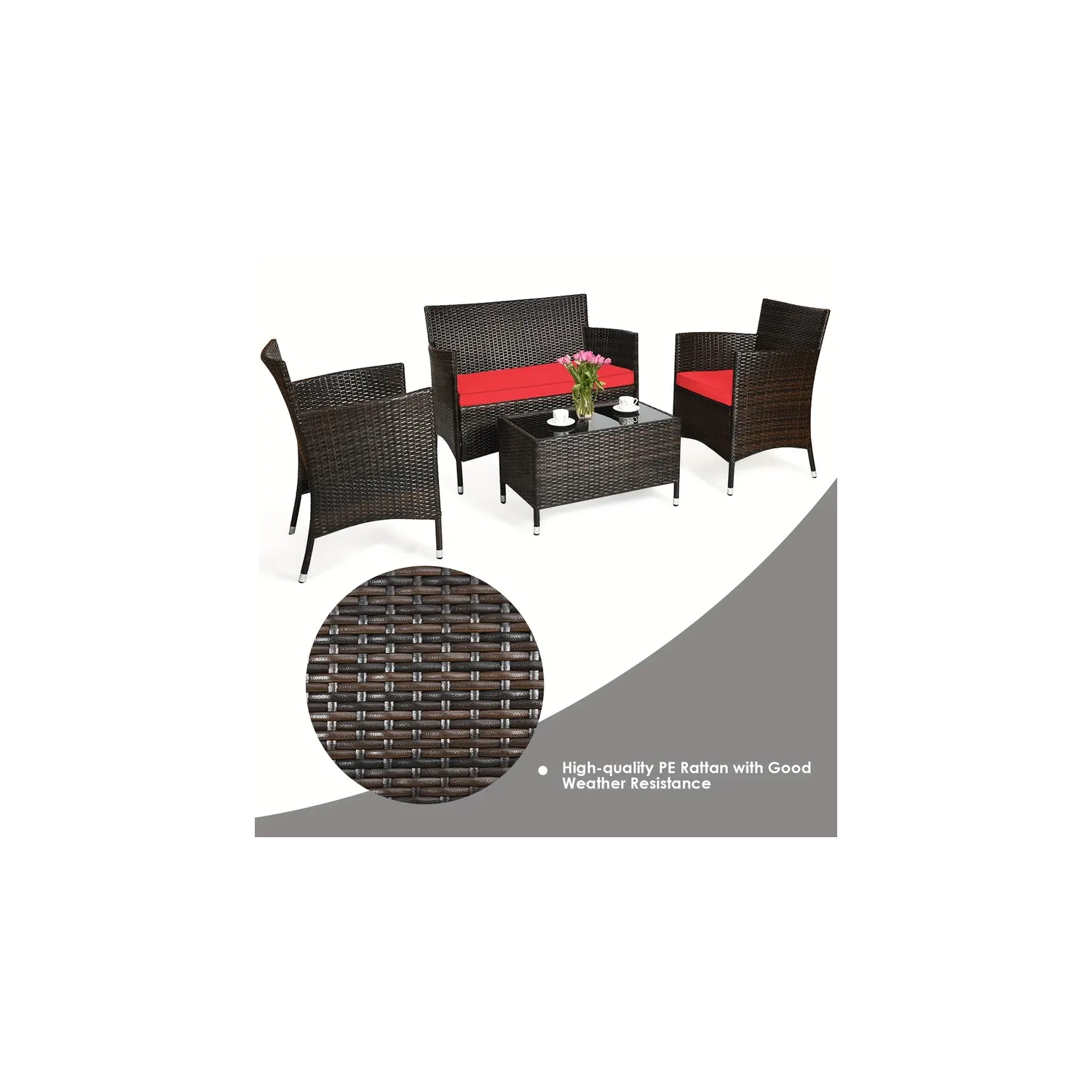 Ensemble de meubles de patio en rotin 4 pièces | canapé d'extérieur et table basse en verre trempé