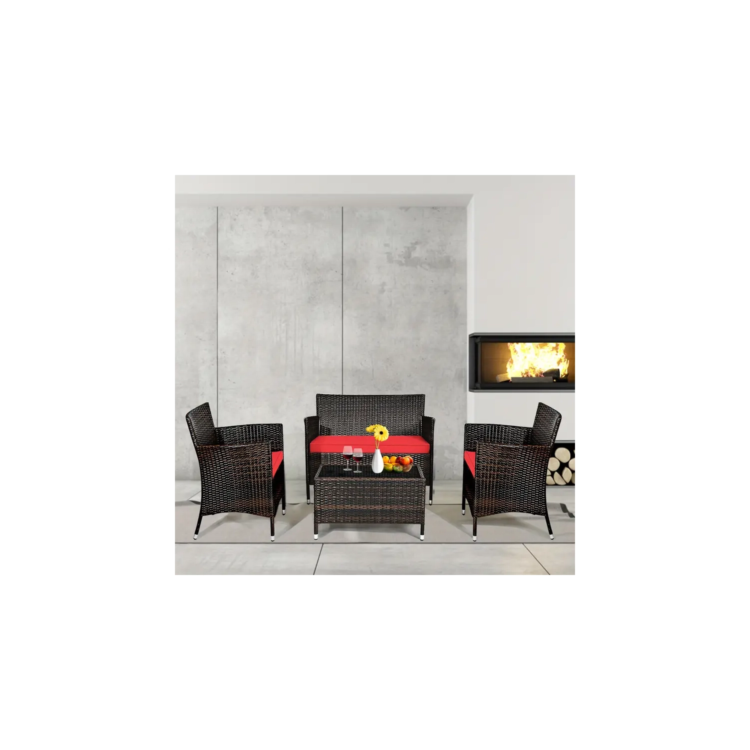 Ensemble de meubles de patio en rotin 4 pièces | canapé d'extérieur et table basse en verre trempé