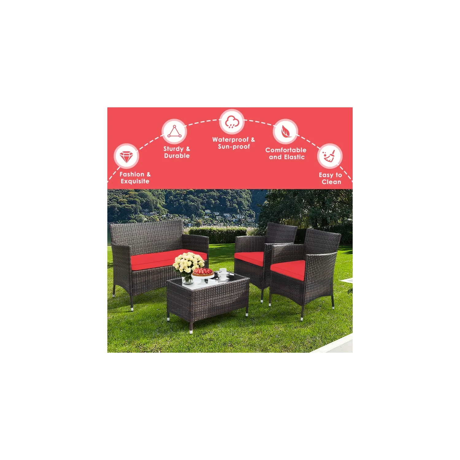 Ensemble de meubles de patio en rotin 4 pièces | canapé d'extérieur et table basse en verre trempé