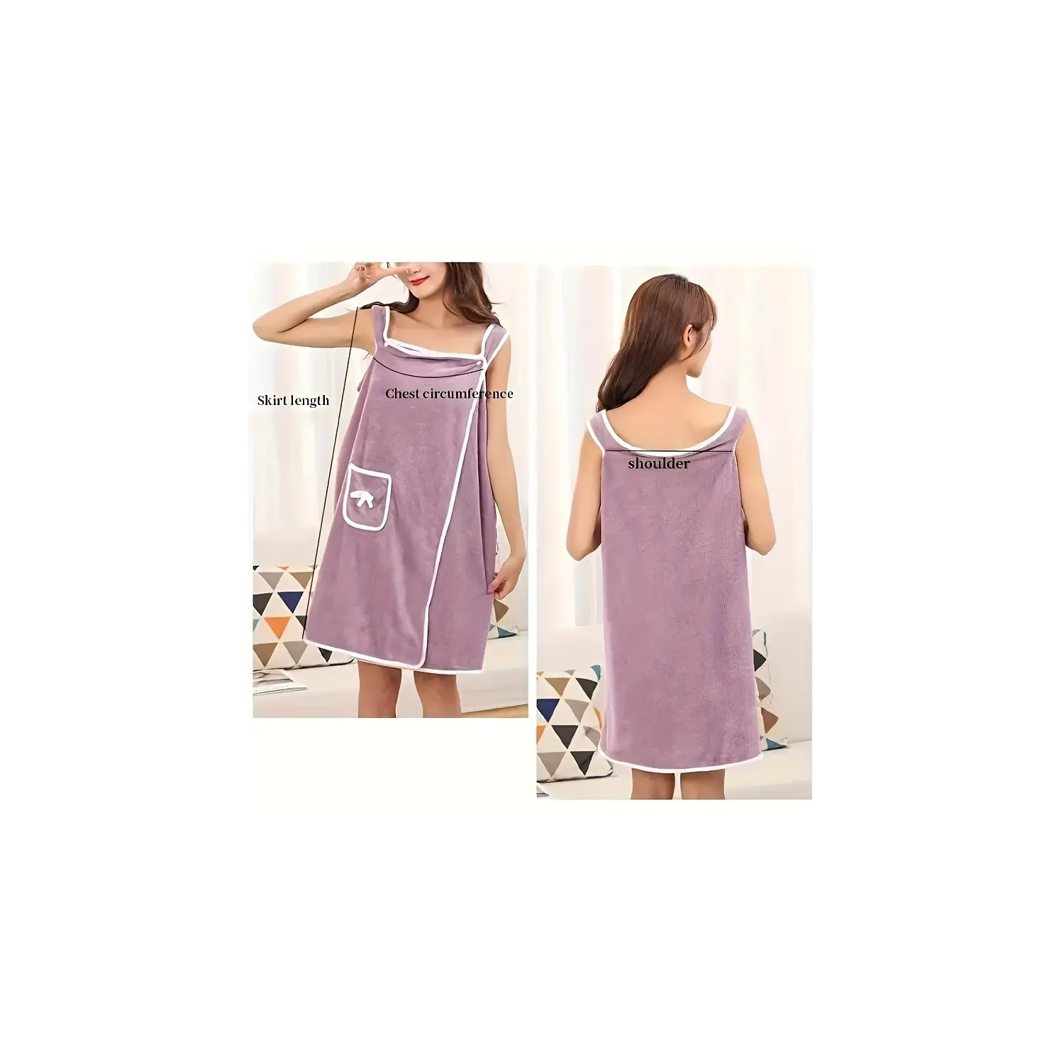 Jupe de serviette de bain portable pour femme | velours corail aux haricots violets doux, séchage rapide et absorbant l'eau