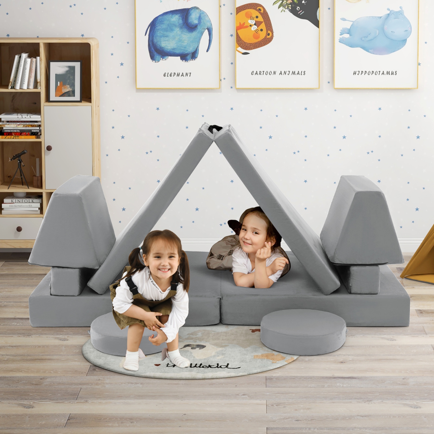 Ensemble de canapé modulaire convertible en mousse 10 pièces pour enfants de Costway - Bleu/gris/vert