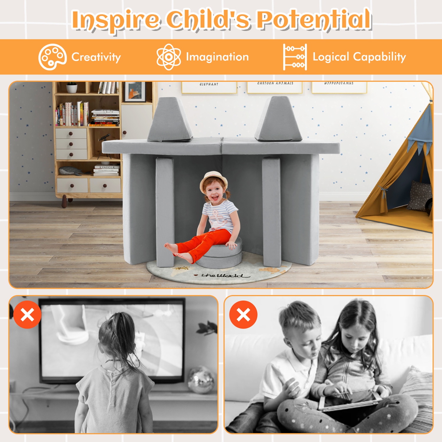 Ensemble de canapé modulaire convertible en mousse 10 pièces pour enfants de Costway - Bleu/gris/vert