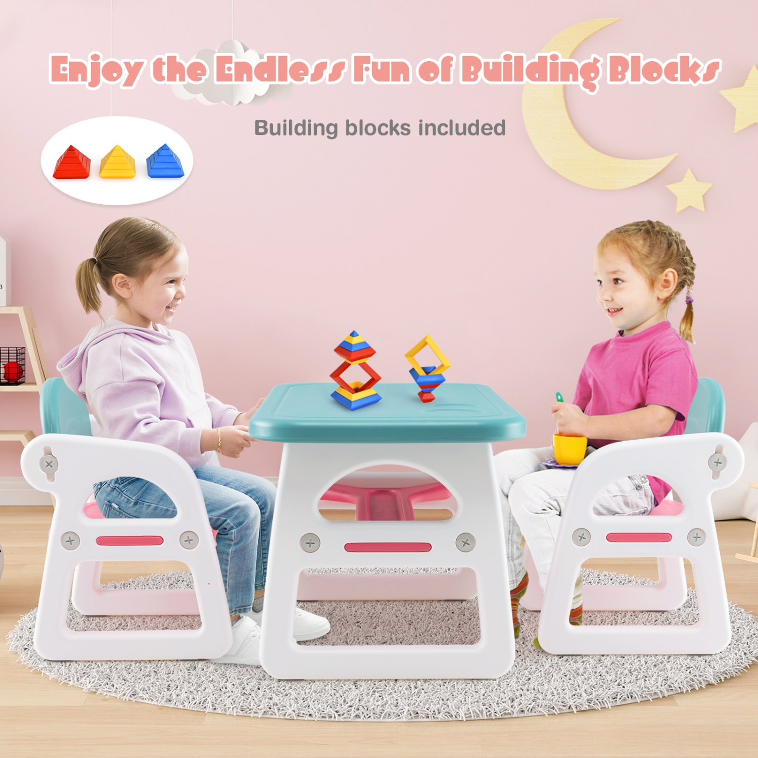 Ensemble 3 pièces table et chaises pour enfants avec bureau d'étude et blocs de construction de Costway