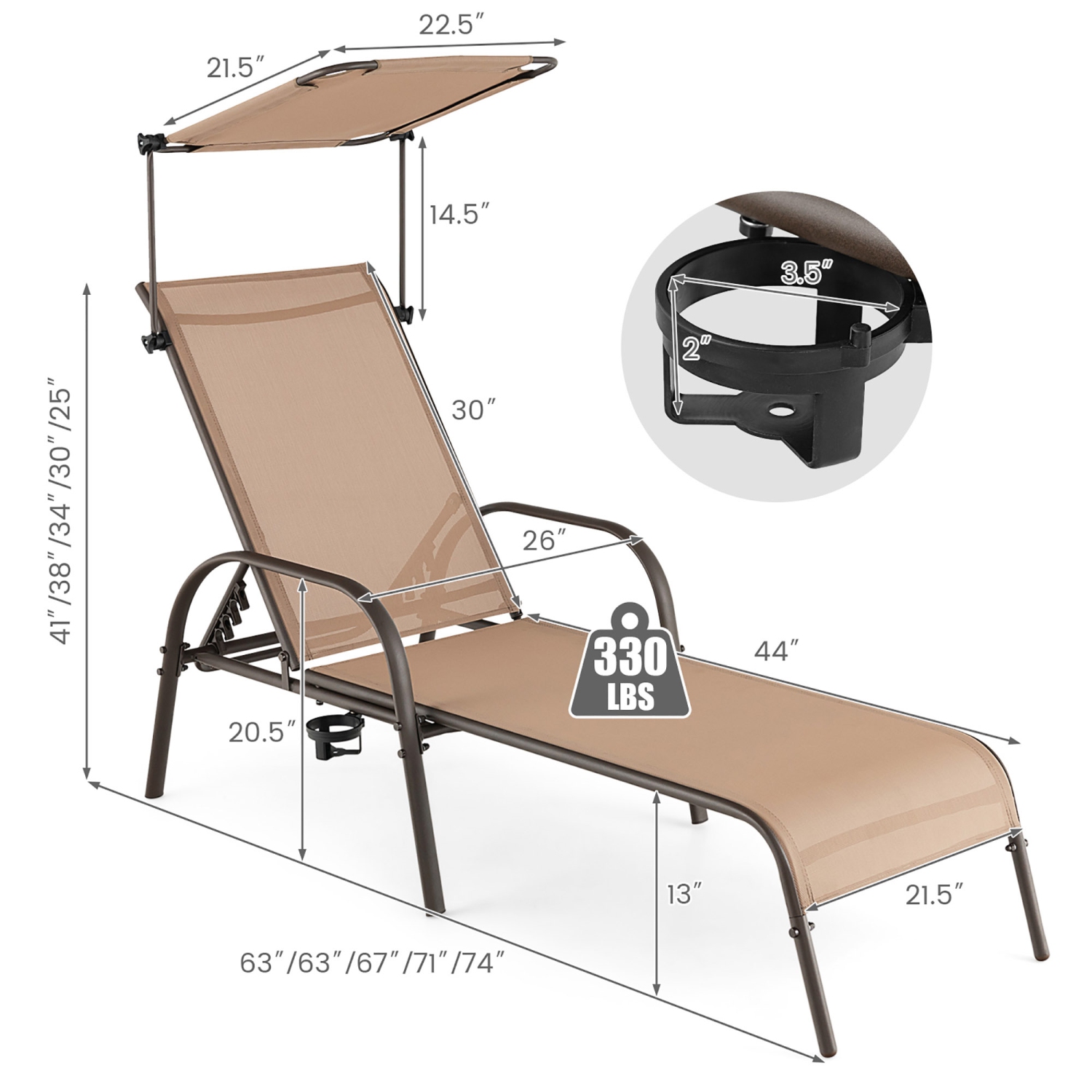 Costway Patio Heavy-Duty Chaise Lounge 5-Level Adjustable Outdoor Recliner Canopy Cup
