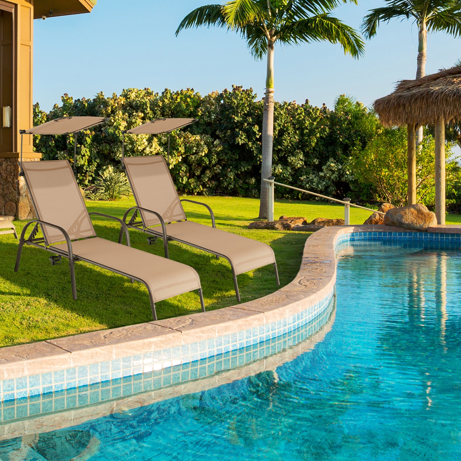 Costway Patio Heavy-Duty Chaise Lounge 5-Level Adjustable Outdoor Recliner Canopy Cup